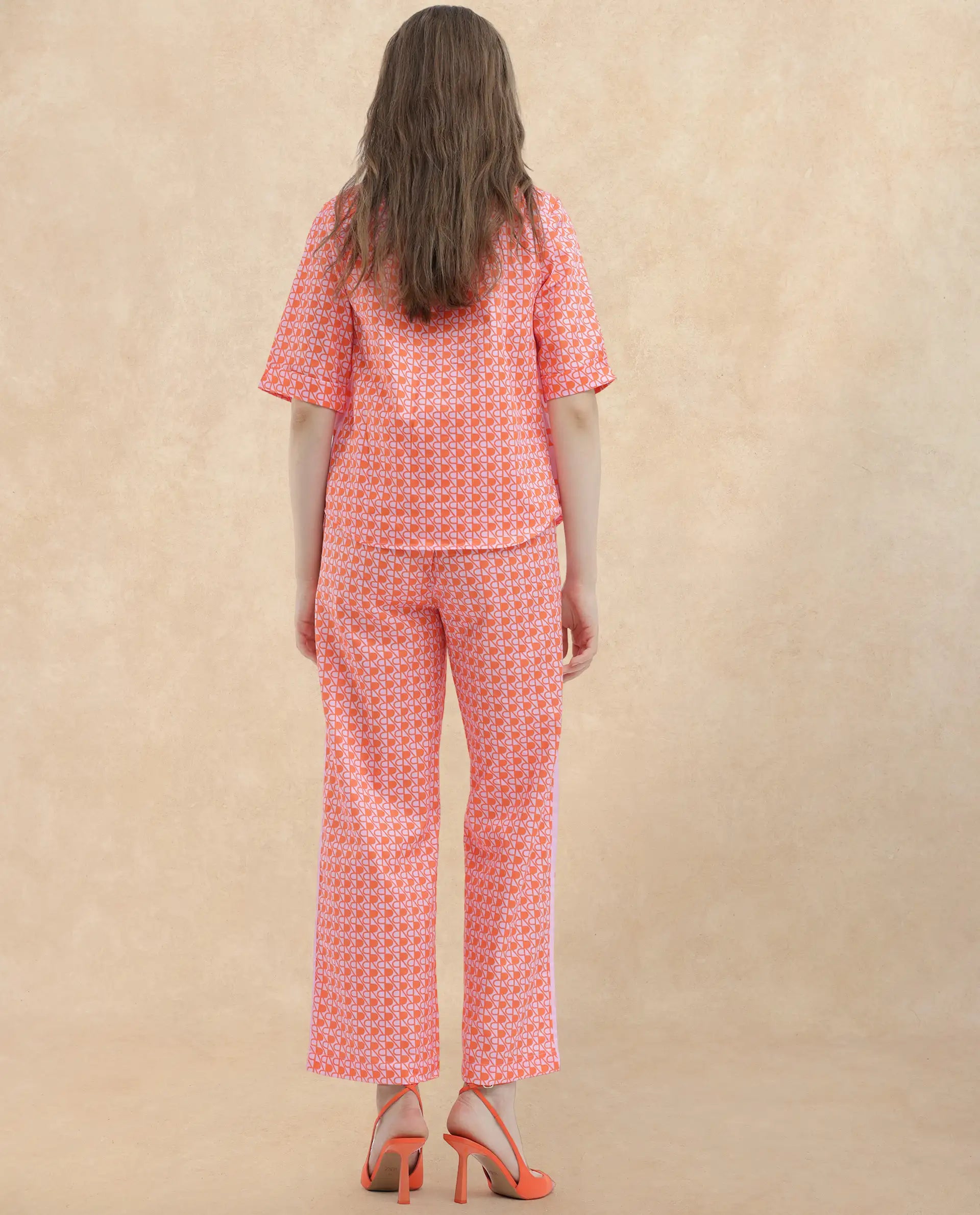 Rareism Women Zyon-B Pink Cotton Fabric Straight Fit Monogram Ankle Length Trousers