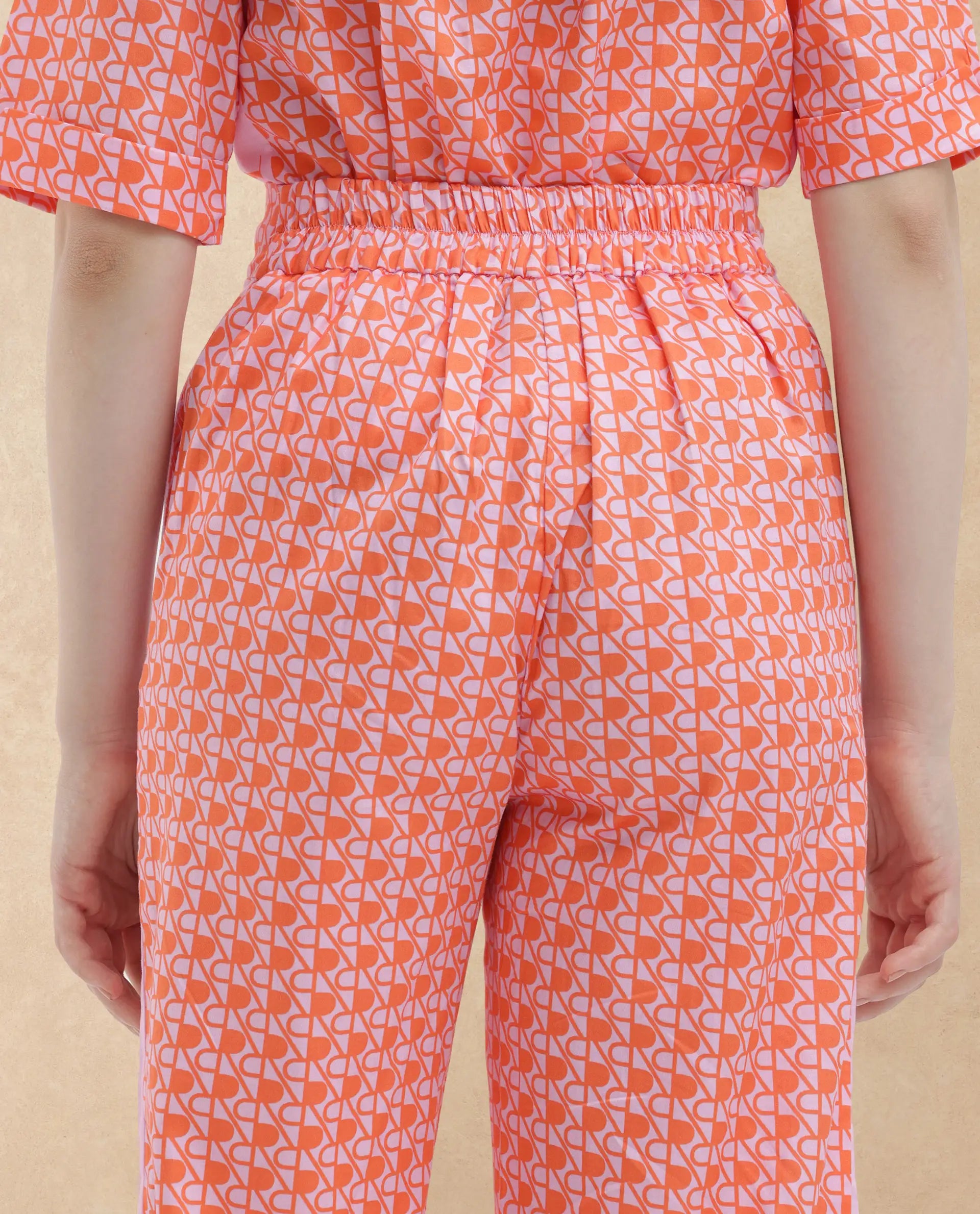 Rareism Women Zyon-B Pink Cotton Fabric Straight Fit Monogram Ankle Length Trousers