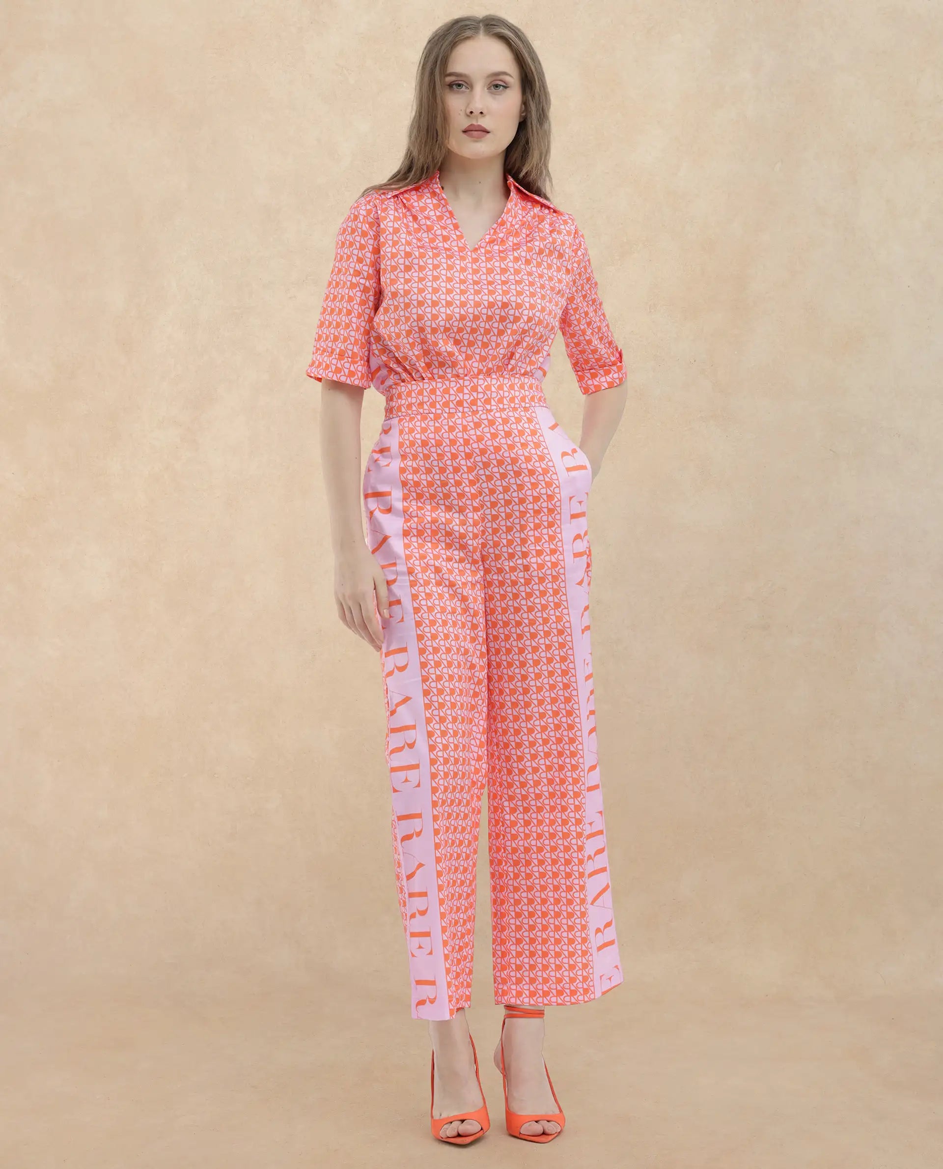 Rareism Women Zyon-B Pink Cotton Fabric Straight Fit Monogram Ankle Length Trousers