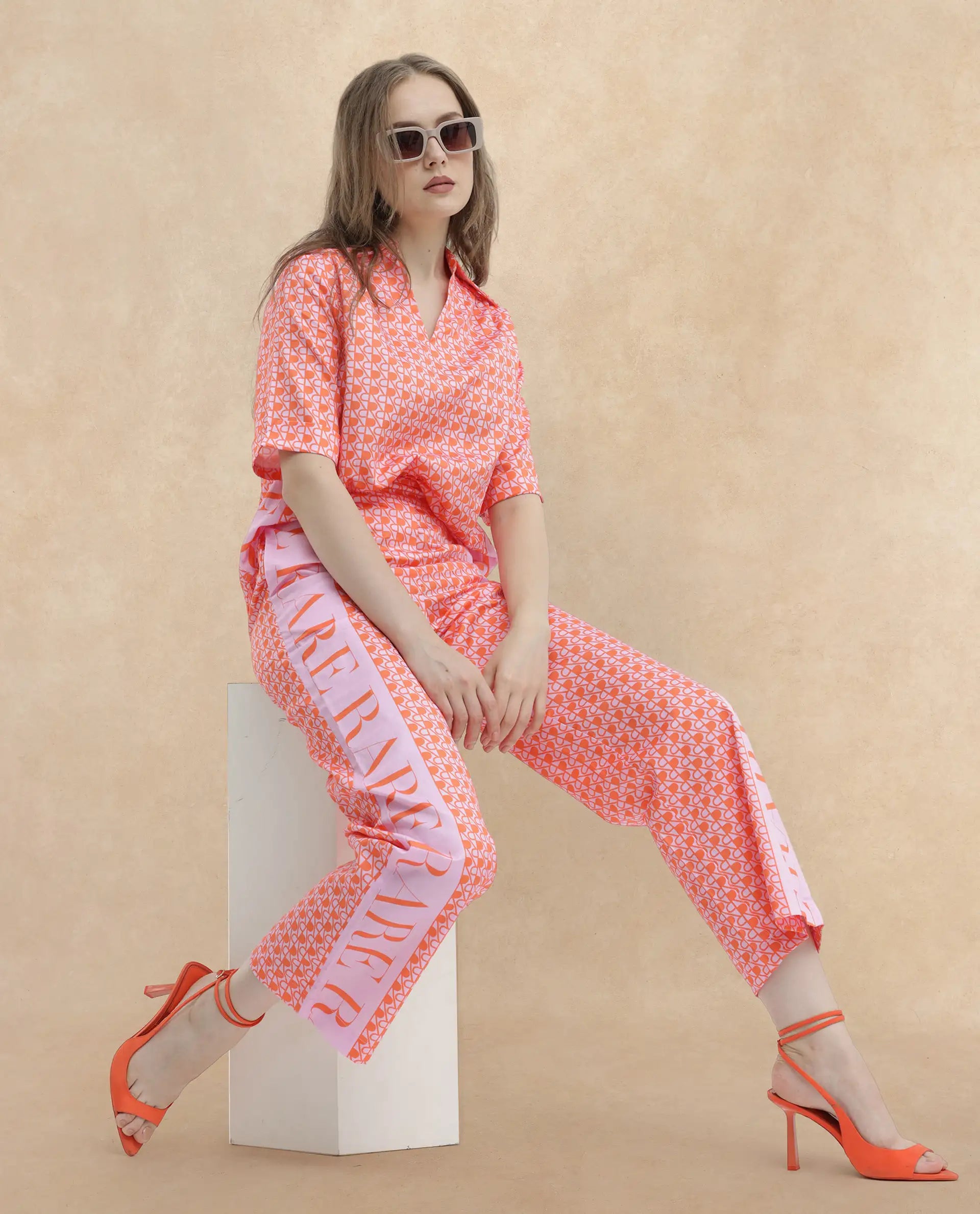 Rareism Women Zyon-B Pink Cotton Fabric Straight Fit Monogram Ankle Length Trousers