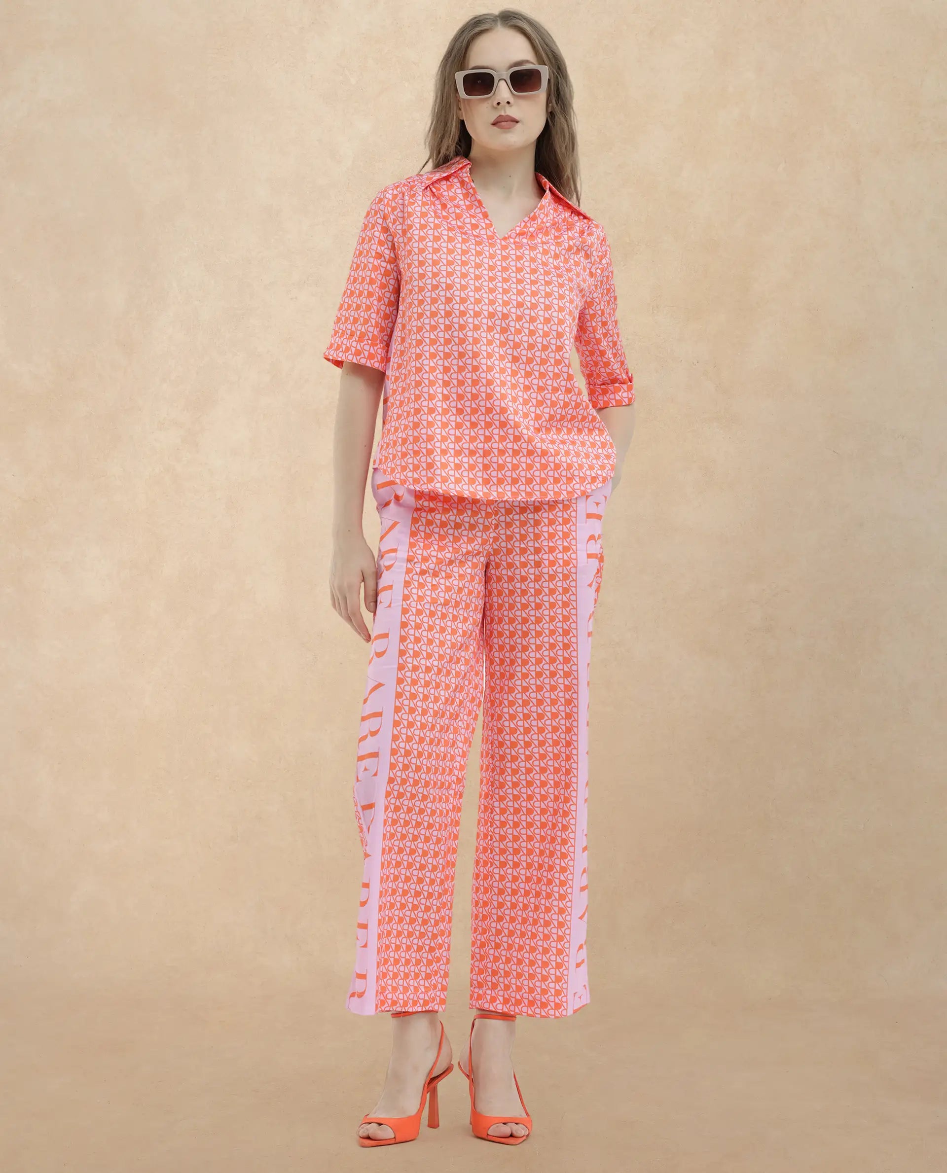 Rareism Women Zyon-T Pink Cotton Fabric Short Sleeves Johnny Collar Regular Fit Monogram Top