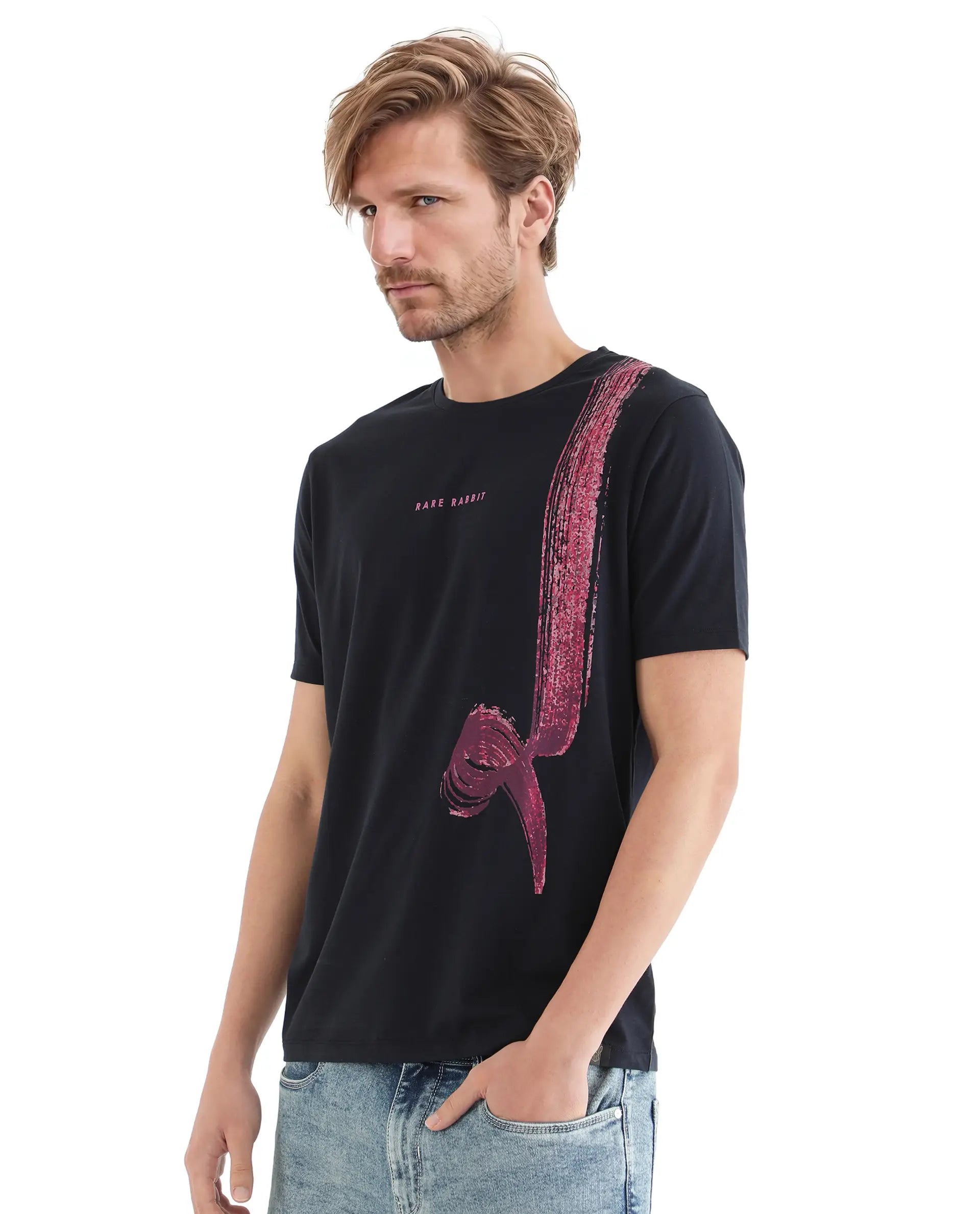 Rare Rabbit Men Zyra Navy Cotton Blend Fabric Short Sleeve Crew Neck Graphic Print T-Shirt