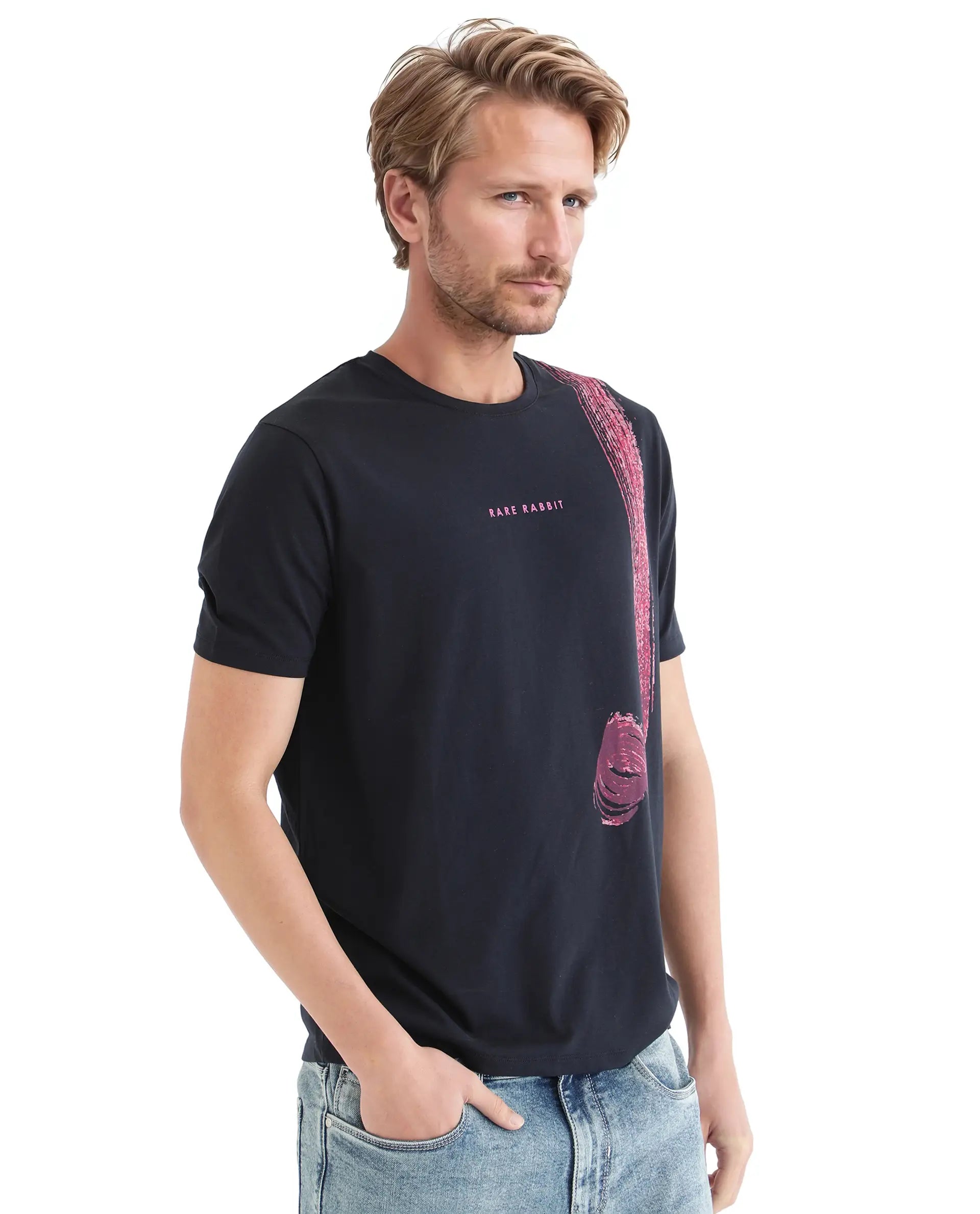 Rare Rabbit Men Zyra Navy Cotton Blend Fabric Short Sleeve Crew Neck Graphic Print T-Shirt