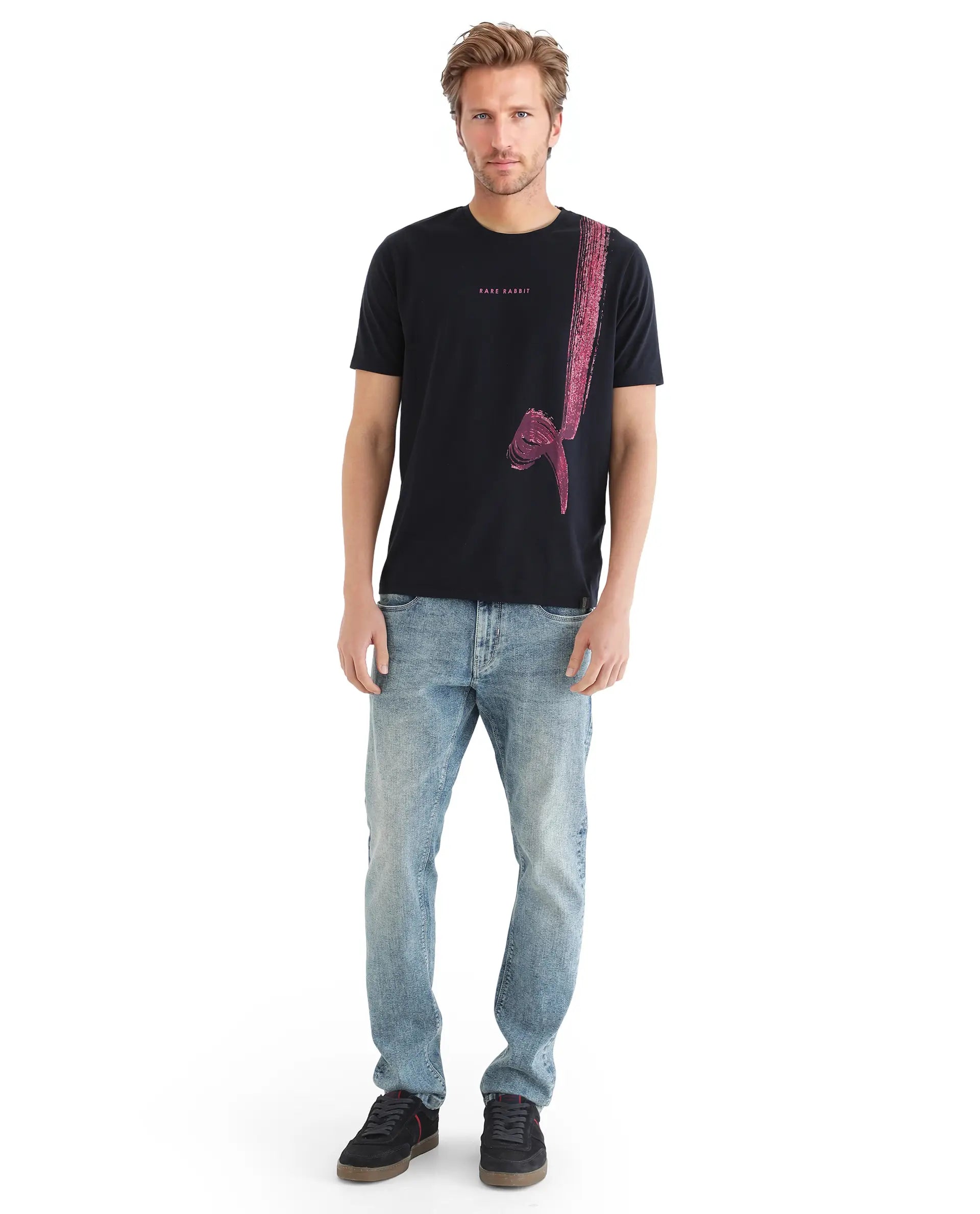 Rare Rabbit Men Zyra Navy Cotton Blend Fabric Short Sleeve Crew Neck Graphic Print T-Shirt