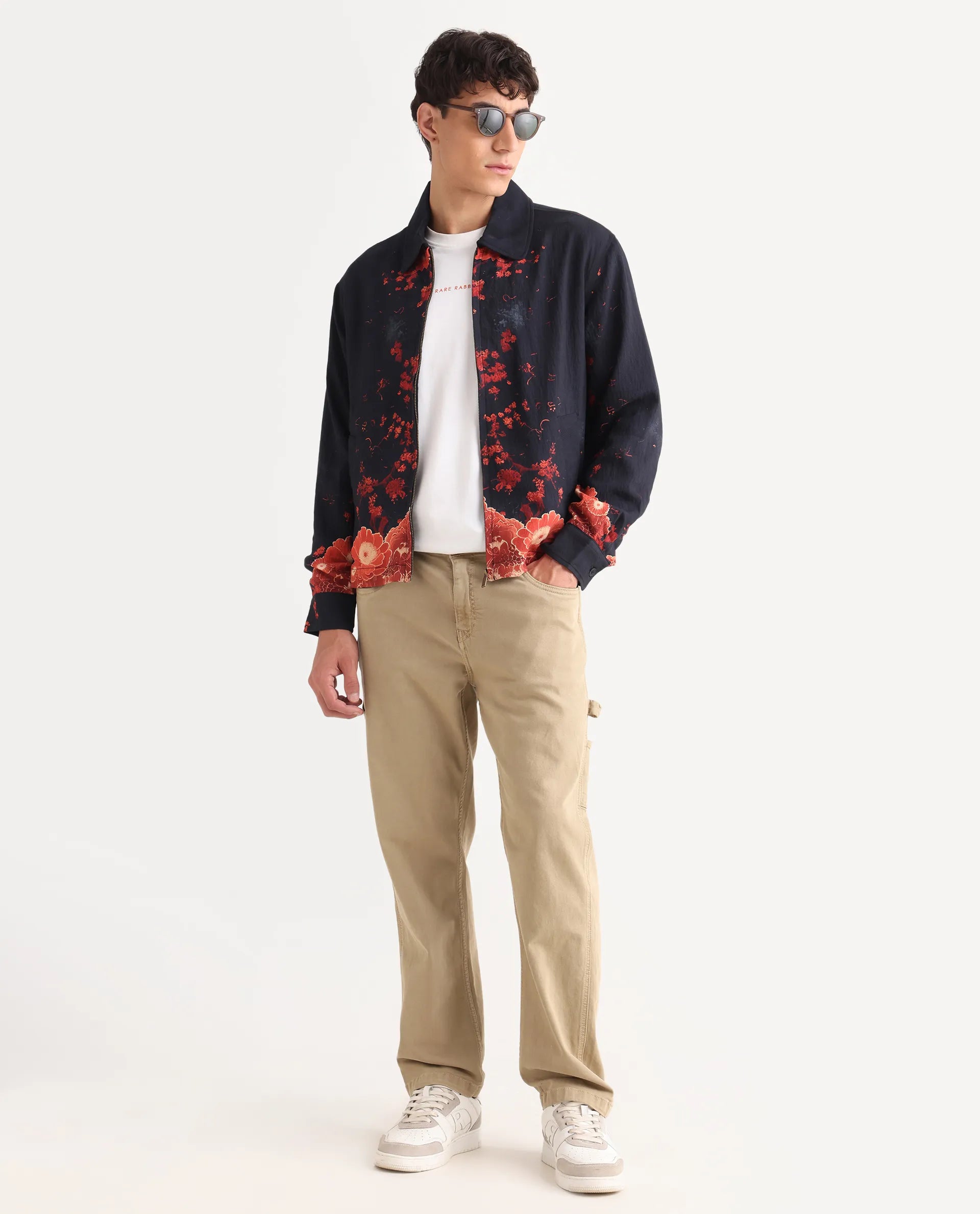 Rare Rabbit Men's Zyra Navy Viscose Blend Fabric Spread Collar Regular Fit Printed Jacket