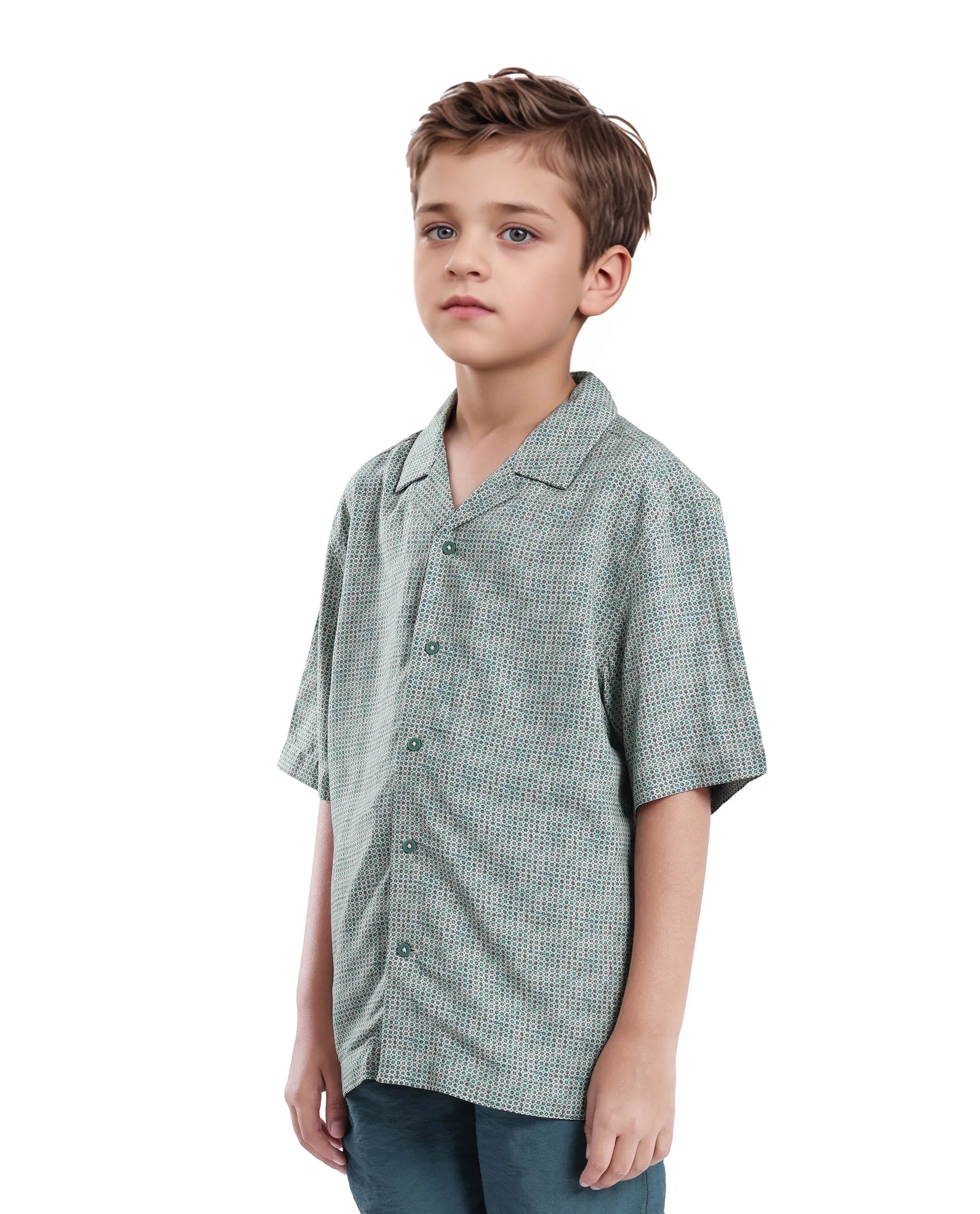 Rare Ones Kids Zyro Green Viscose Half Sleeve Button Printed Regular Fit Shirt
