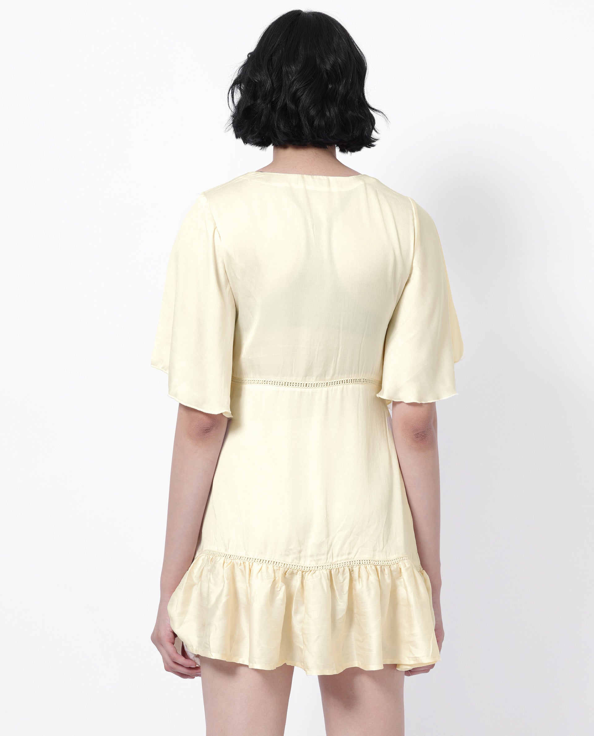 Rareism Women Zyrus Off White Polyester Fabric Short Sleeves V-Neck Flared Sleeve Regular Fit Plain Short Boxy Dress