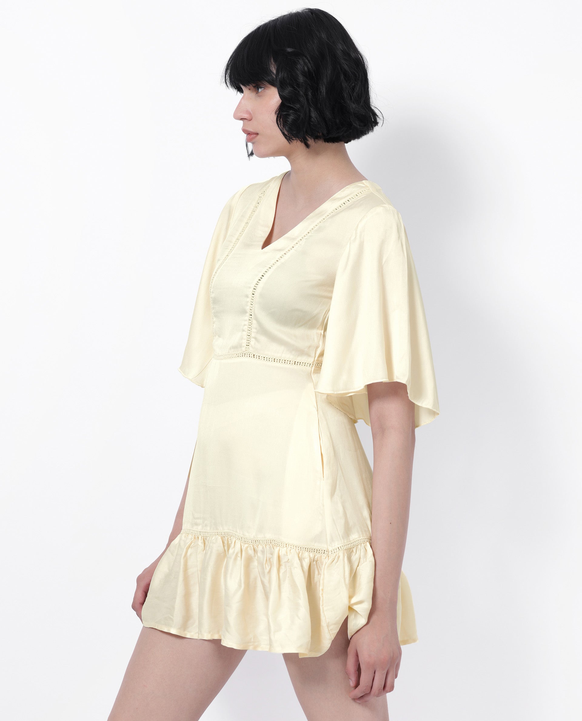 Rareism Women Zyrus Off White Polyester Fabric Short Sleeves V-Neck Flared Sleeve Regular Fit Plain Short Boxy Dress