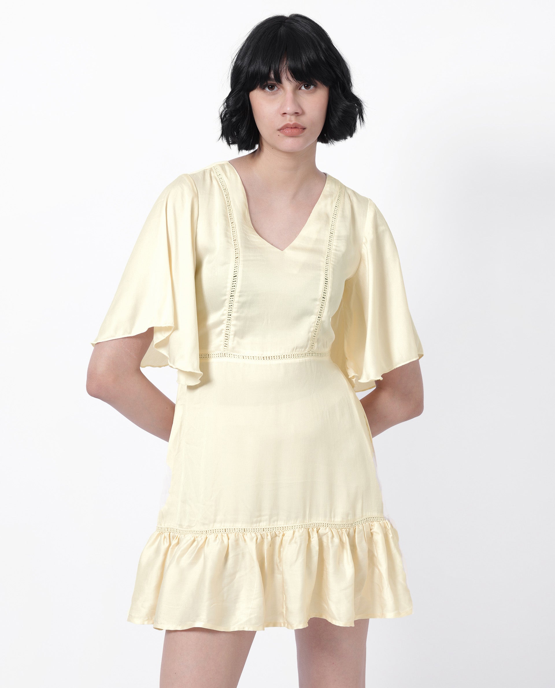Rareism Women Zyrus Off White Polyester Fabric Short Sleeves V-Neck Flared Sleeve Regular Fit Plain Short Boxy Dress