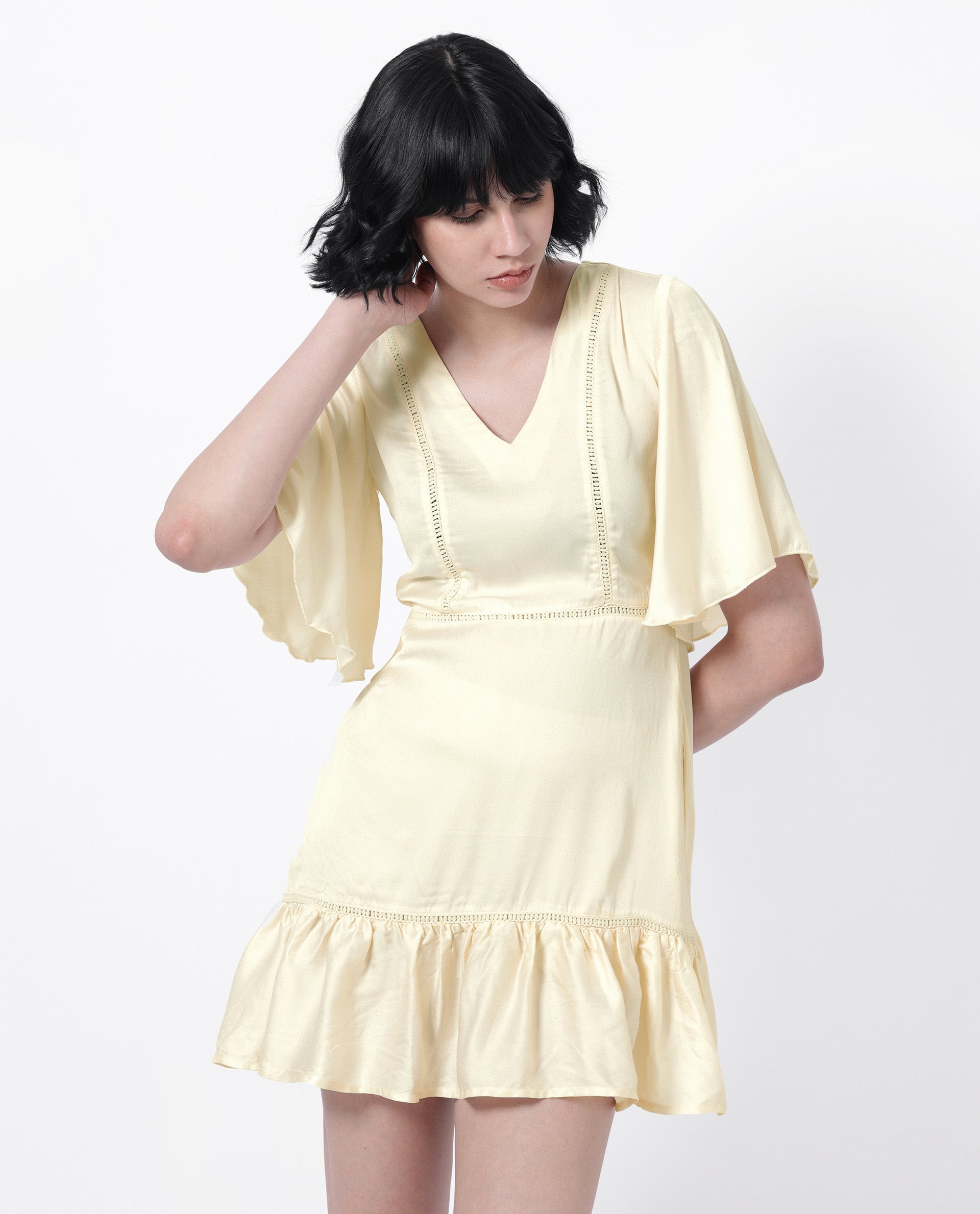 Rareism Women Zyrus Off White Polyester Fabric Short Sleeves V-Neck Flared Sleeve Regular Fit Plain Short Boxy Dress