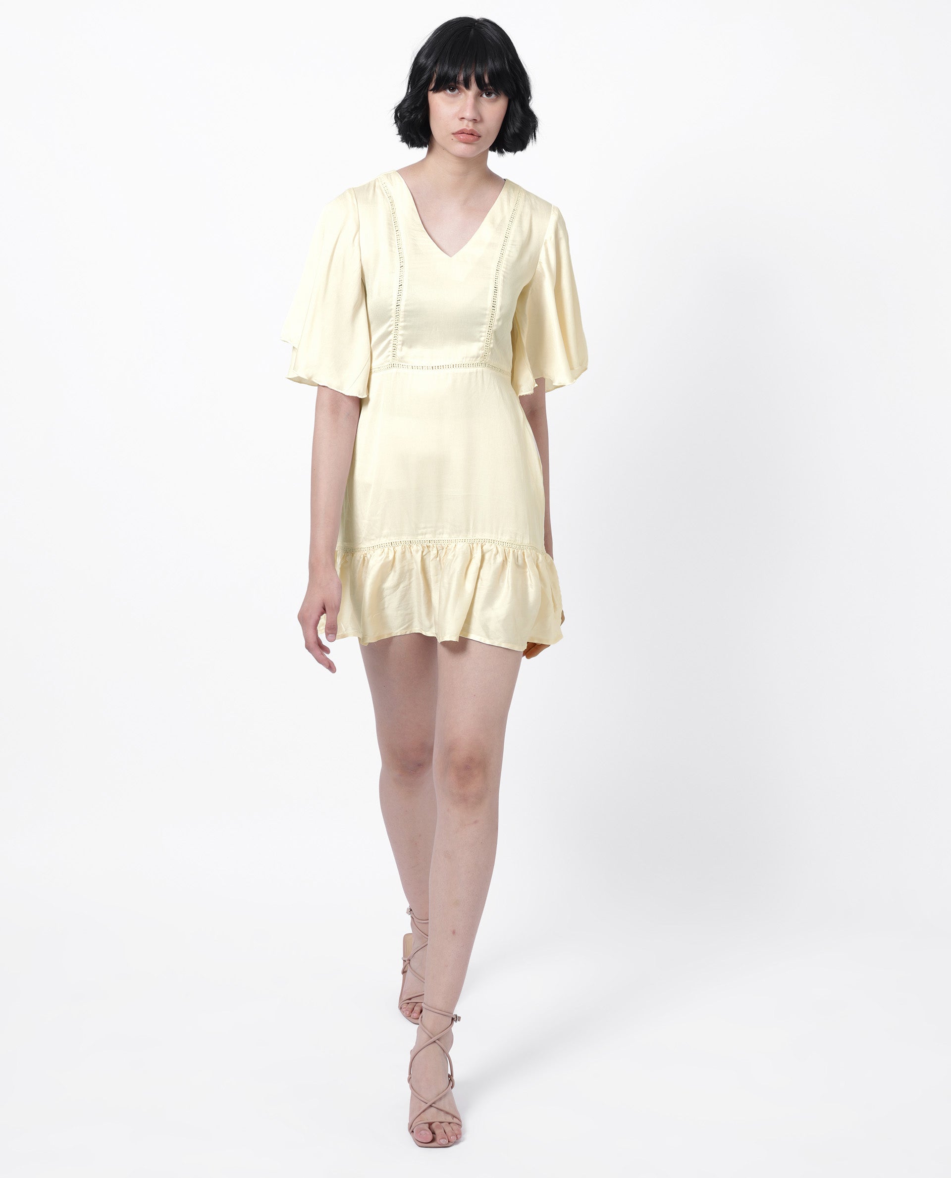 Rareism Women Zyrus Off White Polyester Fabric Short Sleeves V-Neck Flared Sleeve Regular Fit Plain Short Boxy Dress