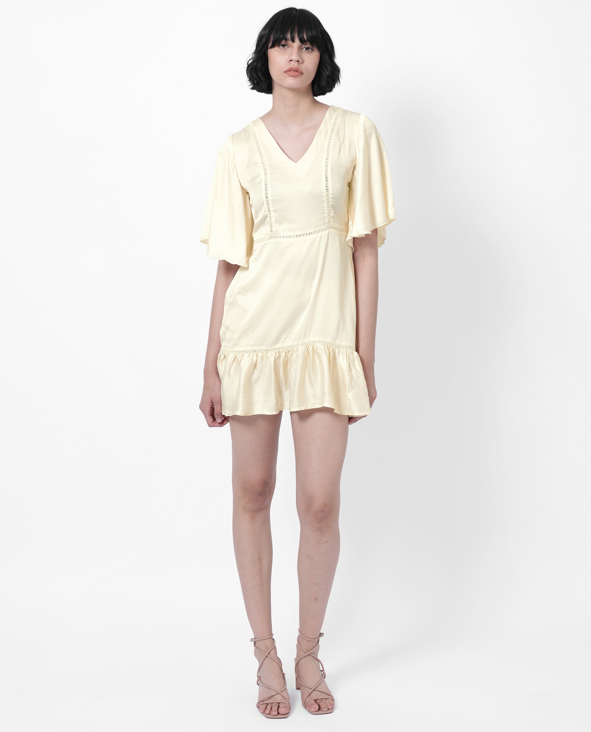 Rareism Women Zyrus Off White Polyester Fabric Short Sleeves V-Neck Flared Sleeve Regular Fit Plain Short Boxy Dress