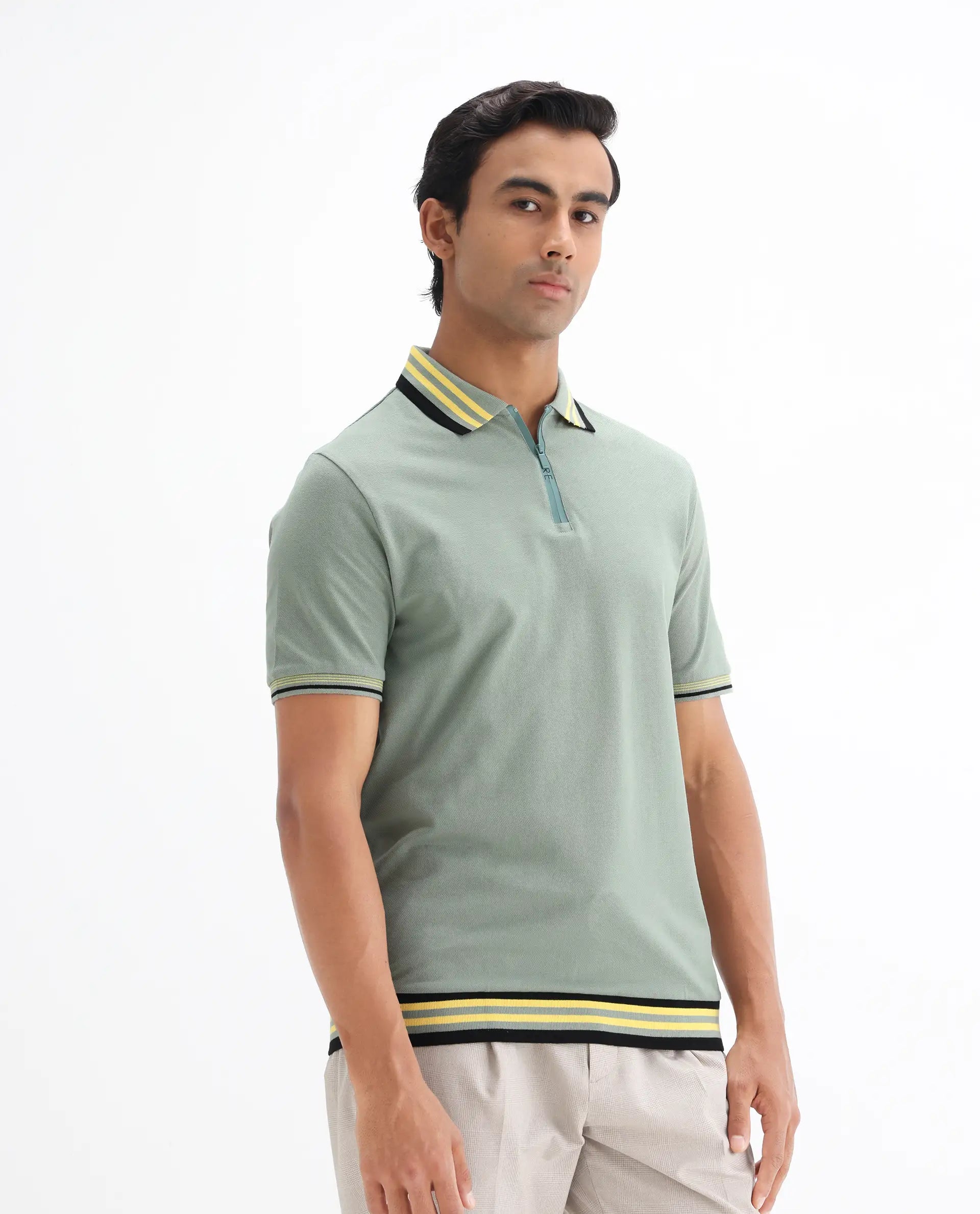 Rare Rabbit Men's Zyte Dusky Green Cotton Plain Regular Fit Half Sleeve Polo