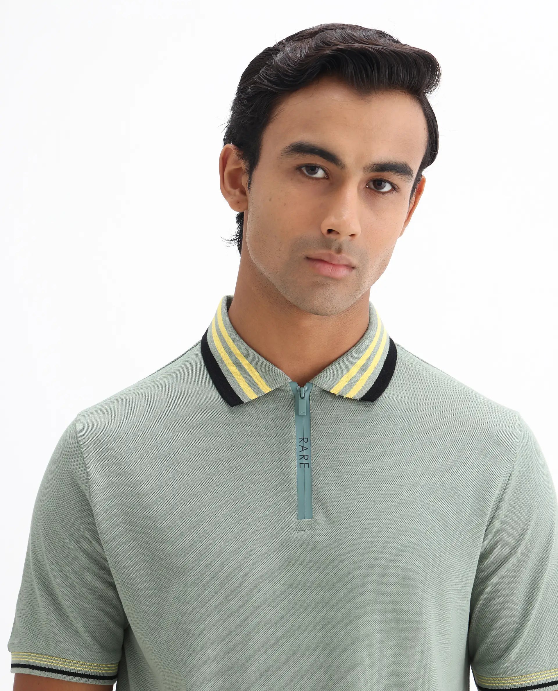 Rare Rabbit Men's Zyte Dusky Green Cotton Plain Regular Fit Half Sleeve Polo