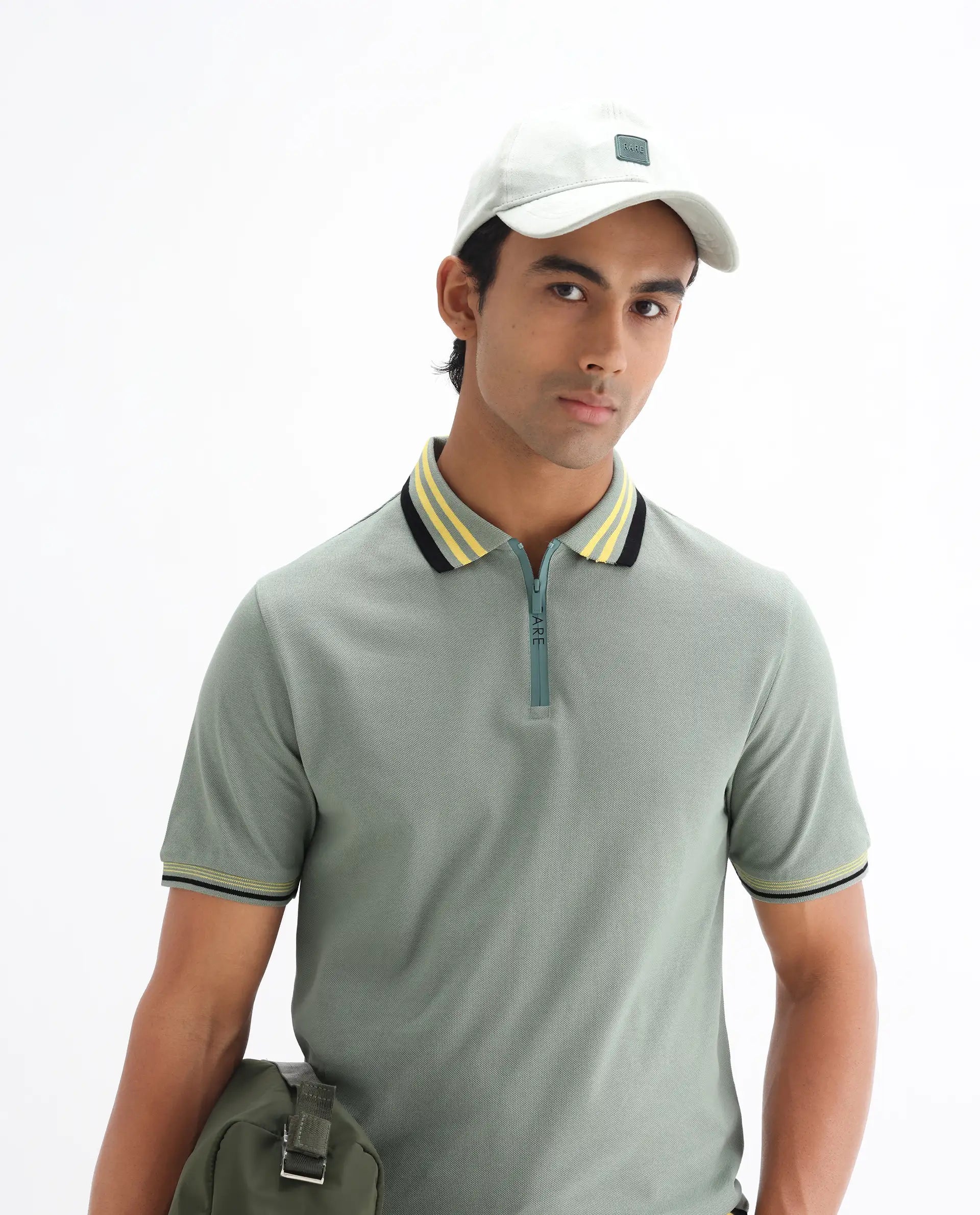 Rare Rabbit Men's Zyte Dusky Green Cotton Plain Regular Fit Half Sleeve Polo