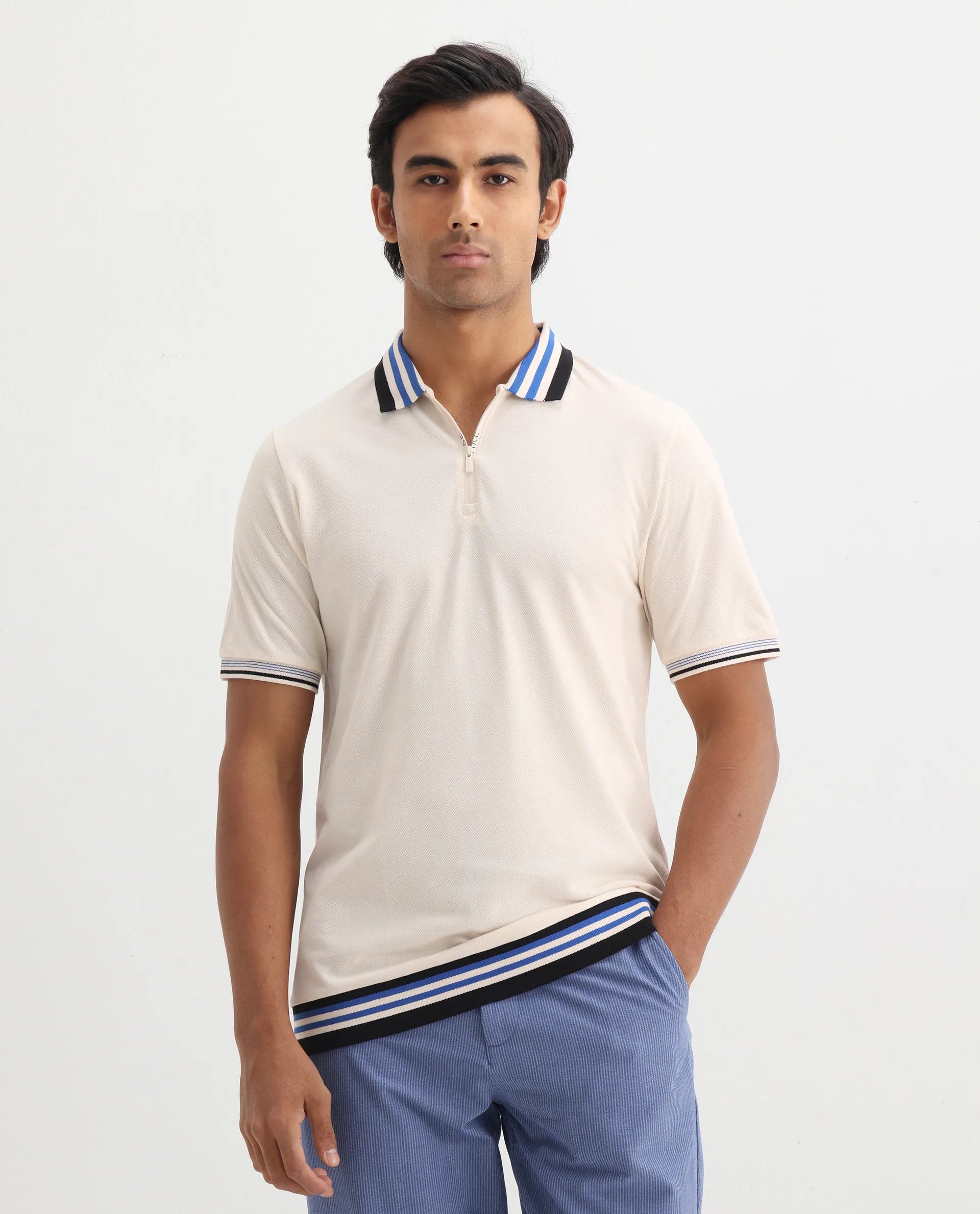 Rare Rabbit Men's Zyte Off White Cotton Plain Regular Fit Half Sleeve Polo