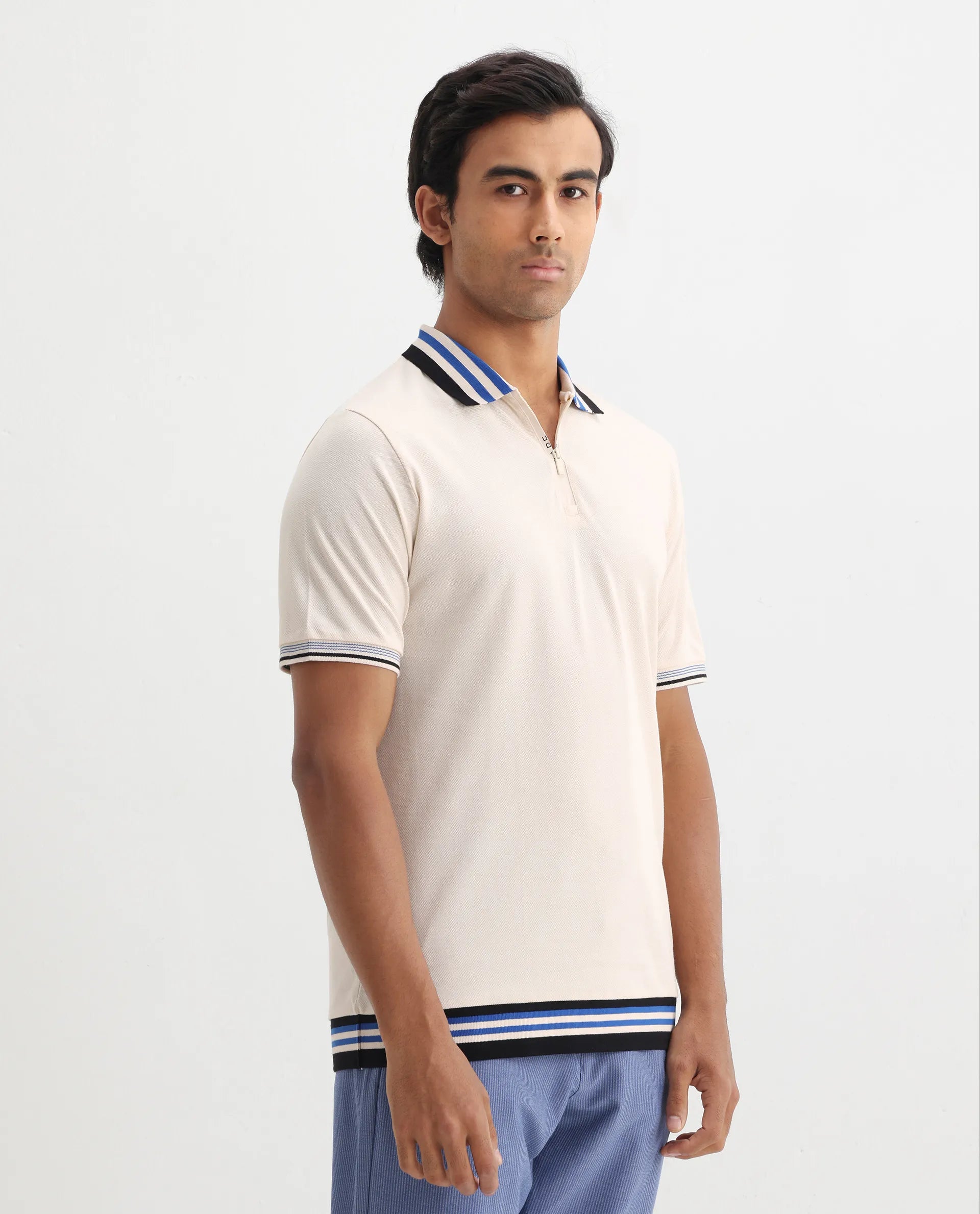 Rare Rabbit Men's Zyte Off White Cotton Plain Regular Fit Half Sleeve Polo