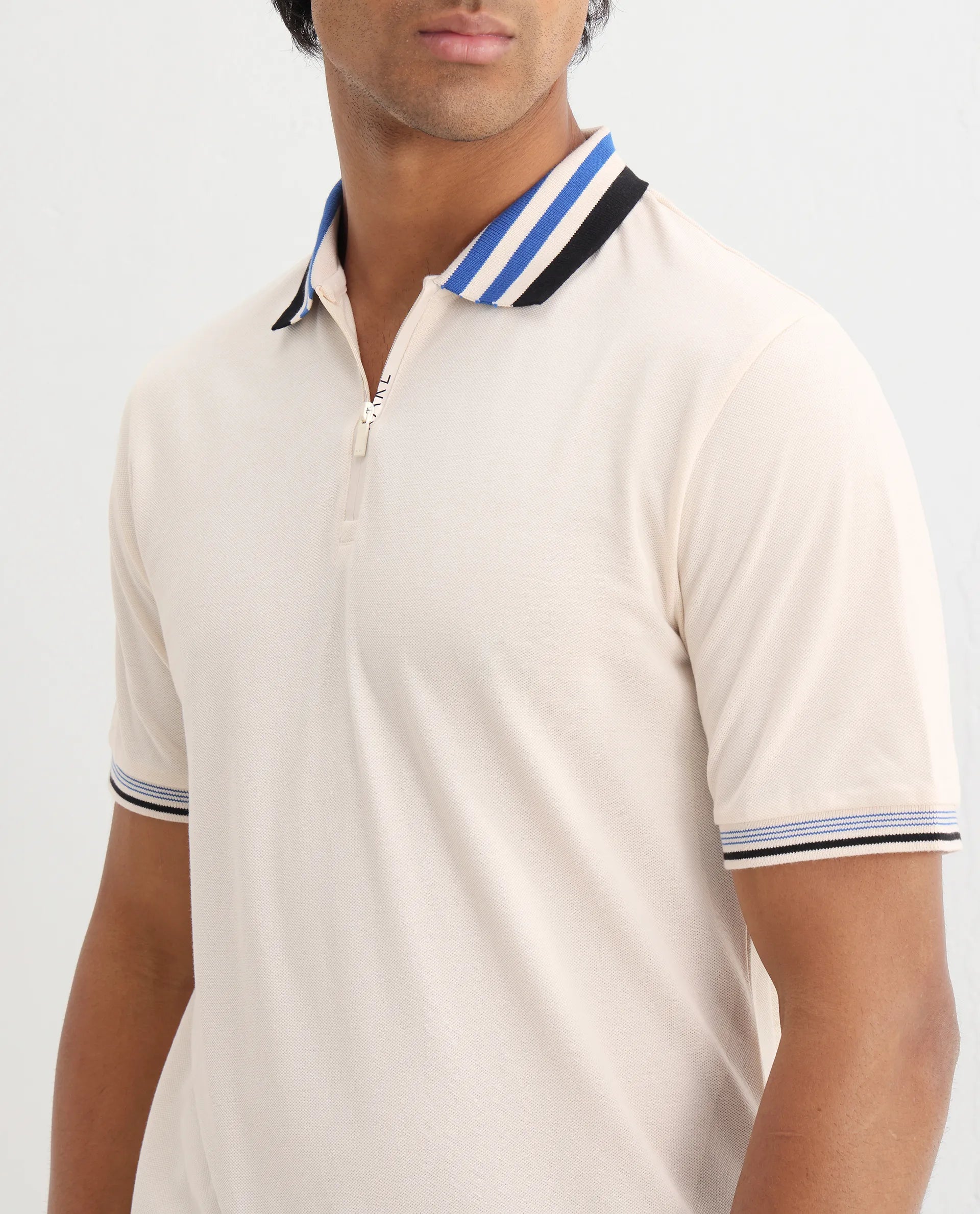 Rare Rabbit Men's Zyte Off White Cotton Plain Regular Fit Half Sleeve Polo