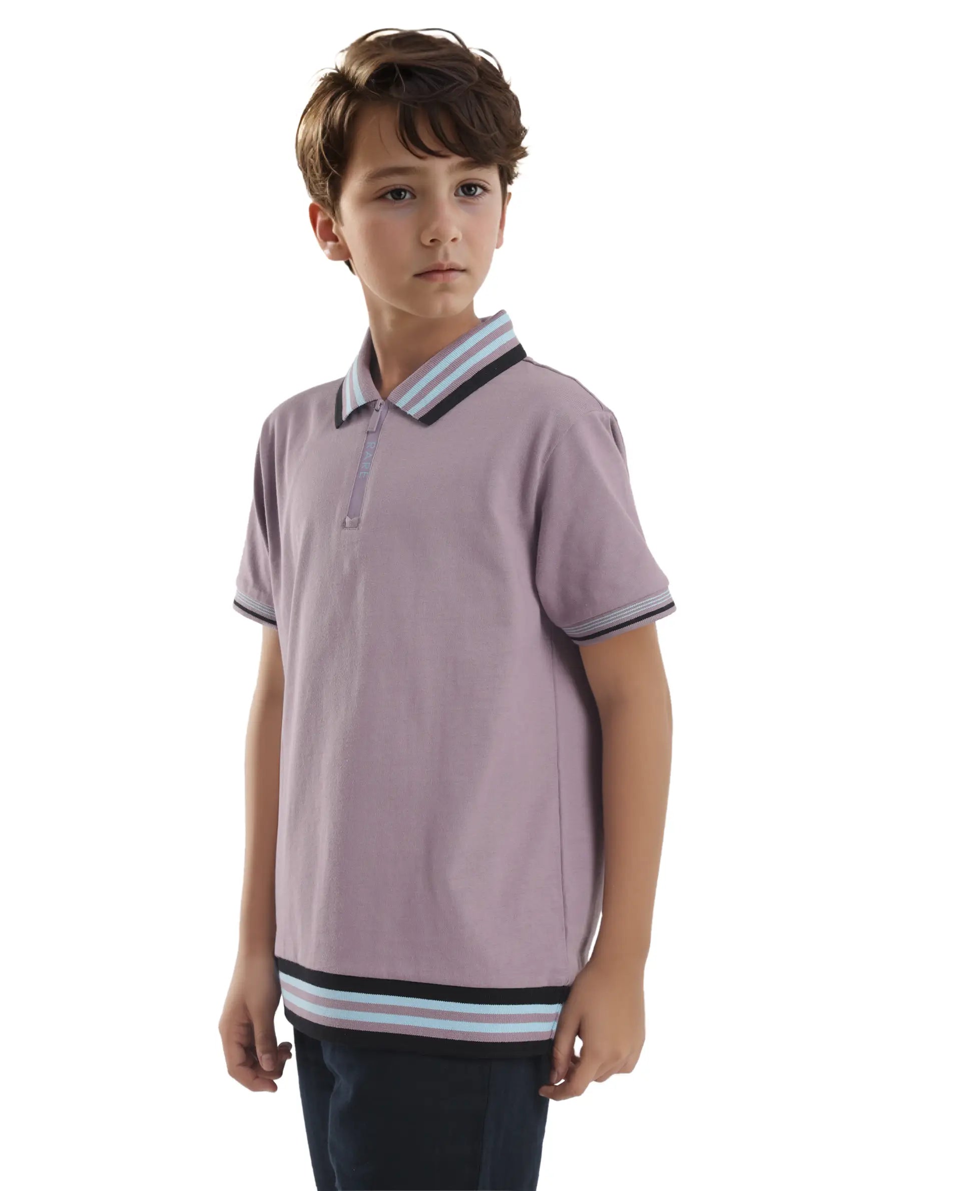 Rare Ones Kids Zyto Purple Cotton Half Sleeves Contrasting Regular Collar Zipper Closure Solid Polo