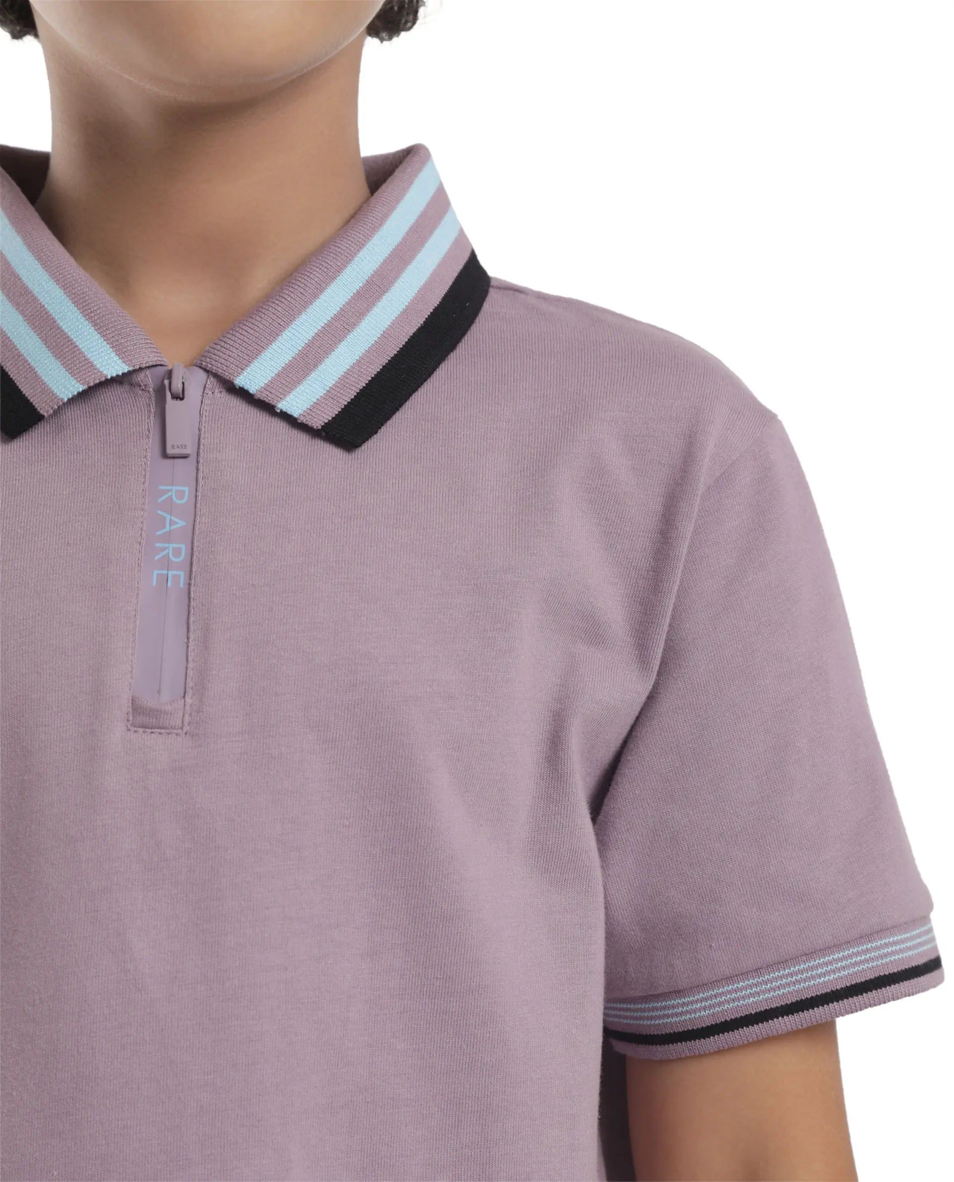 Rare Ones Kids Zyto Purple Cotton Half Sleeves Contrasting Regular Collar Zipper Closure Solid Polo