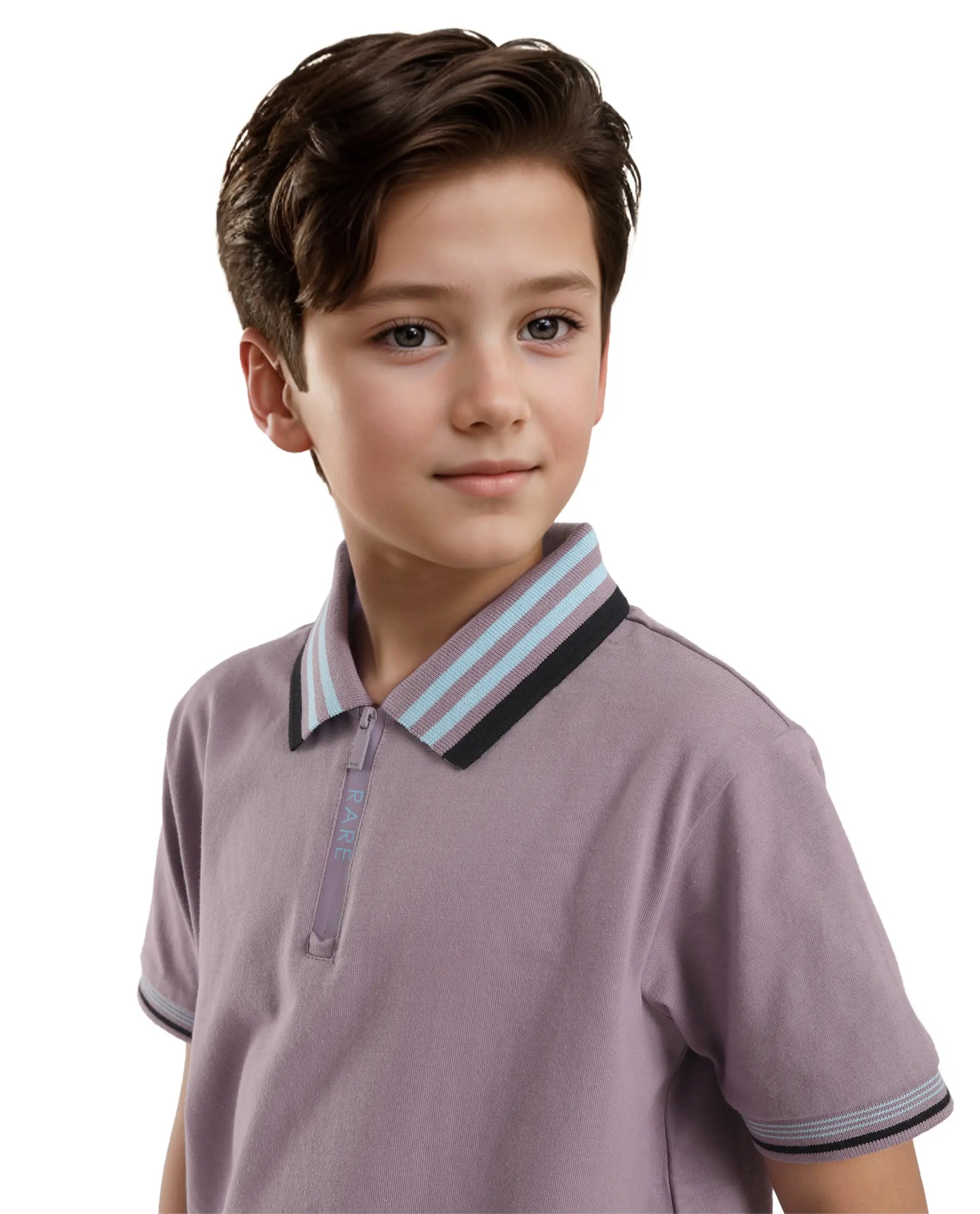 Rare Ones Kids Zyto Purple Cotton Half Sleeves Contrasting Regular Collar Zipper Closure Solid Polo