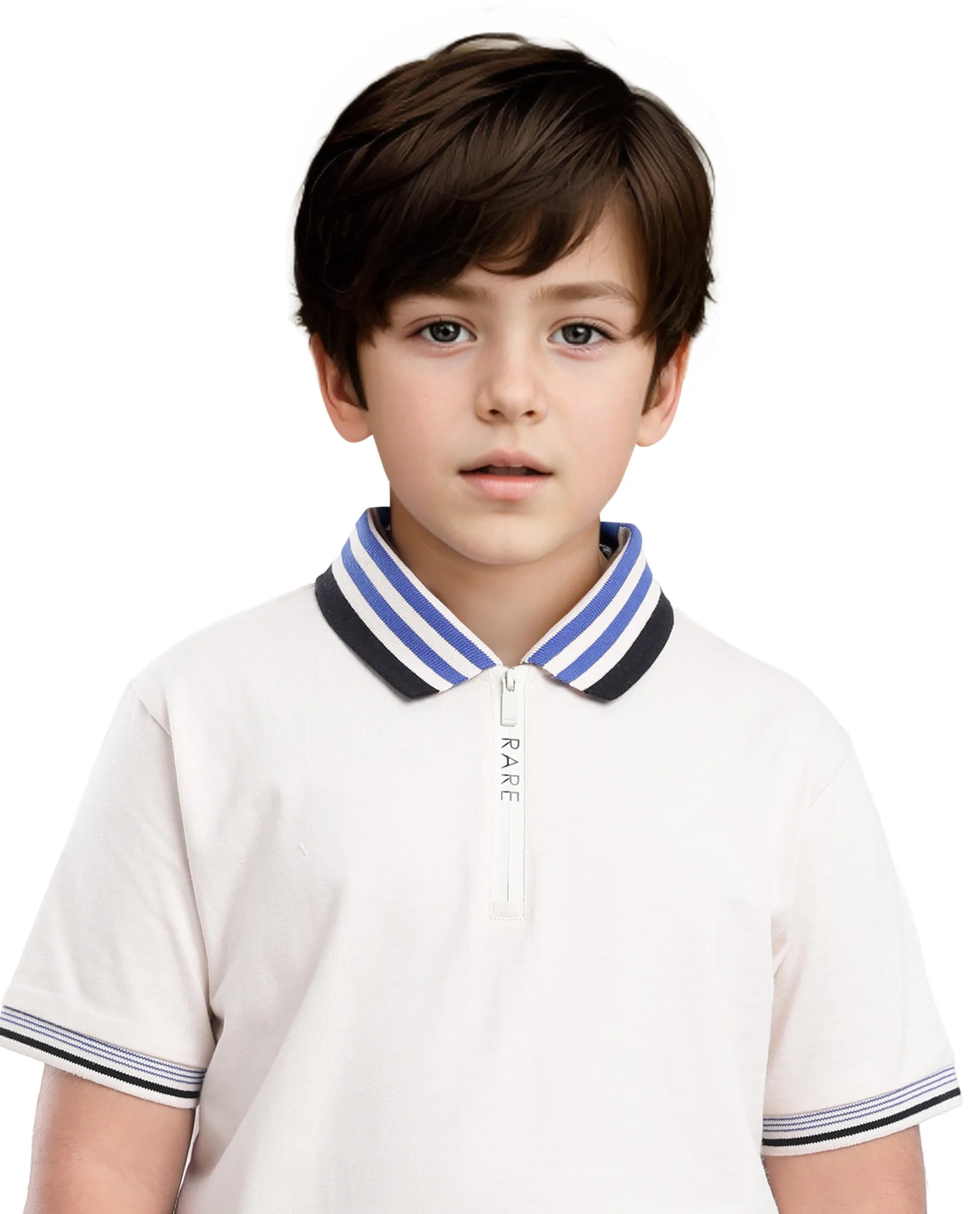 Rare Ones Kids Zyto Off White Cotton Half Sleeves Contrasting Regular Collar Zipper Closure Solid Polo