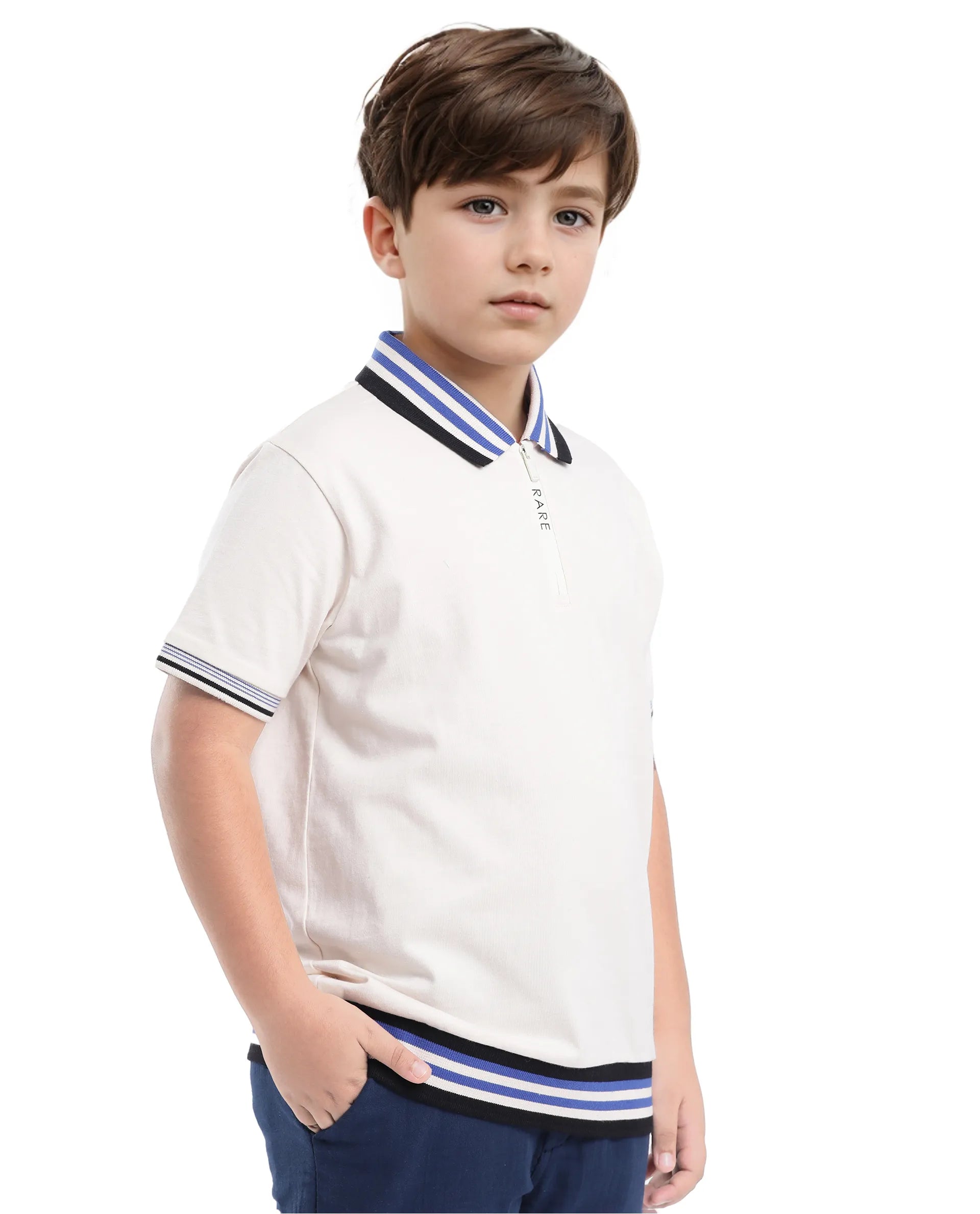 Rare Ones Kids Zyto Off White Cotton Half Sleeves Contrasting Regular Collar Zipper Closure Solid Polo