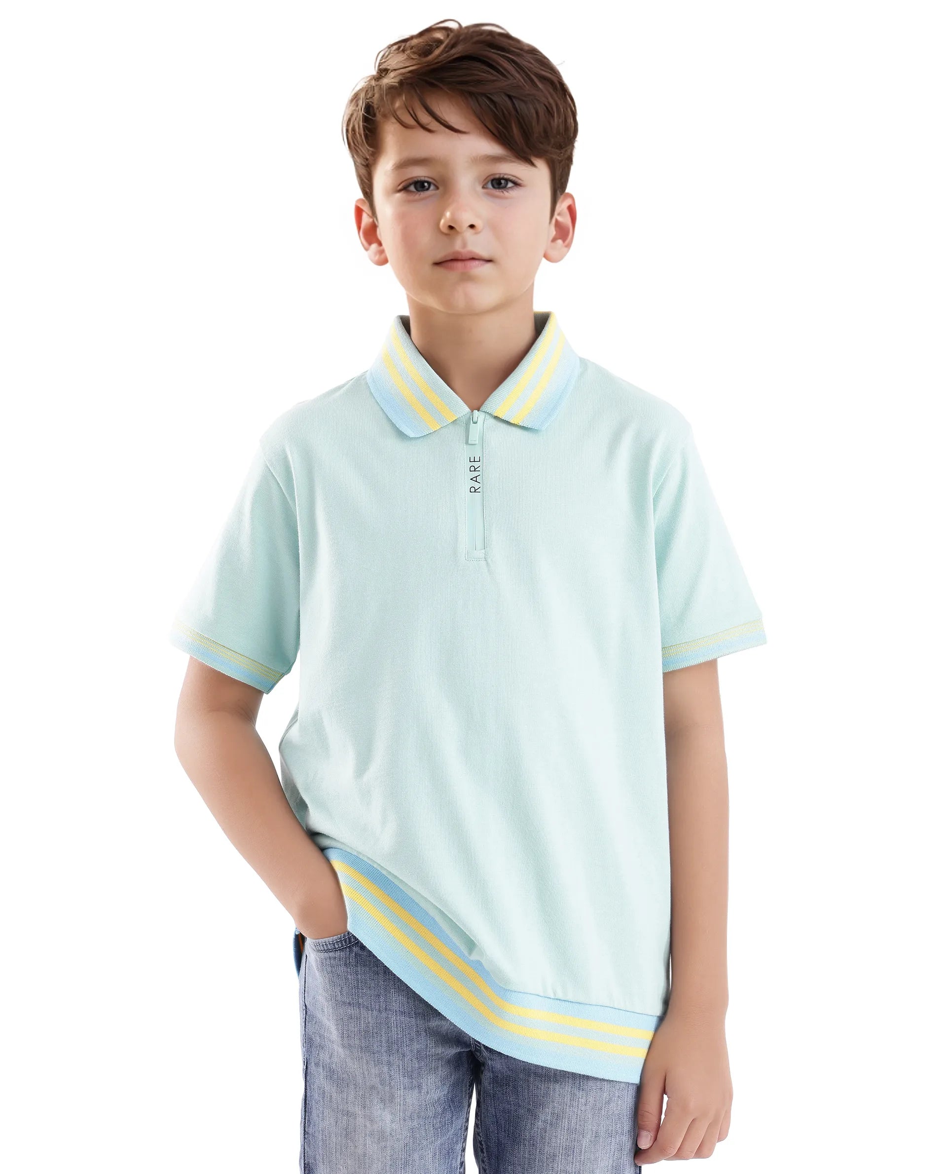Rare Ones Kids Zyto Pastel Green Cotton Half Sleeves Contrasting Regular Collar Zipper Closure Solid Polo