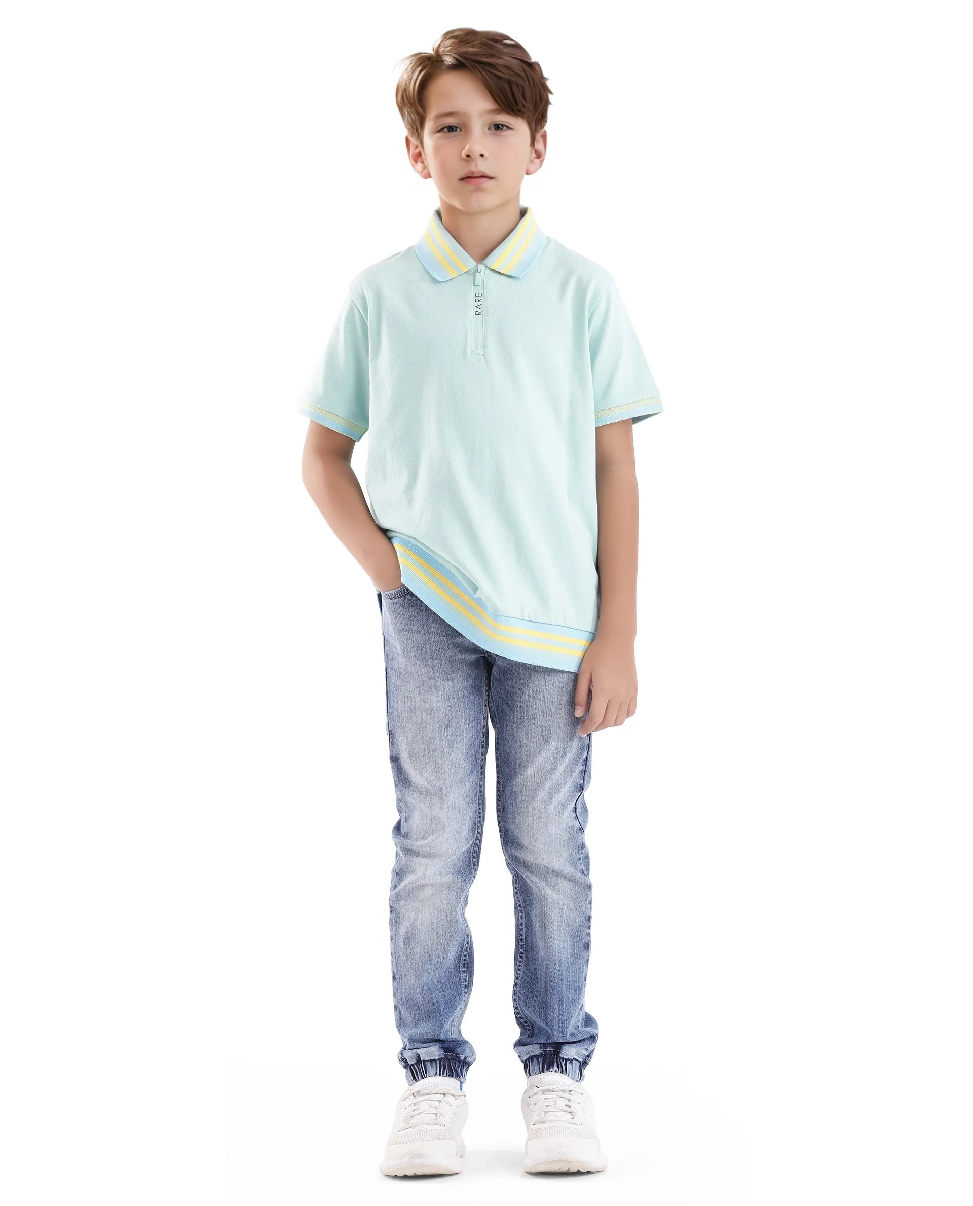 Rare Ones Kids Zyto Pastel Green Cotton Half Sleeves Contrasting Regular Collar Zipper Closure Solid Polo