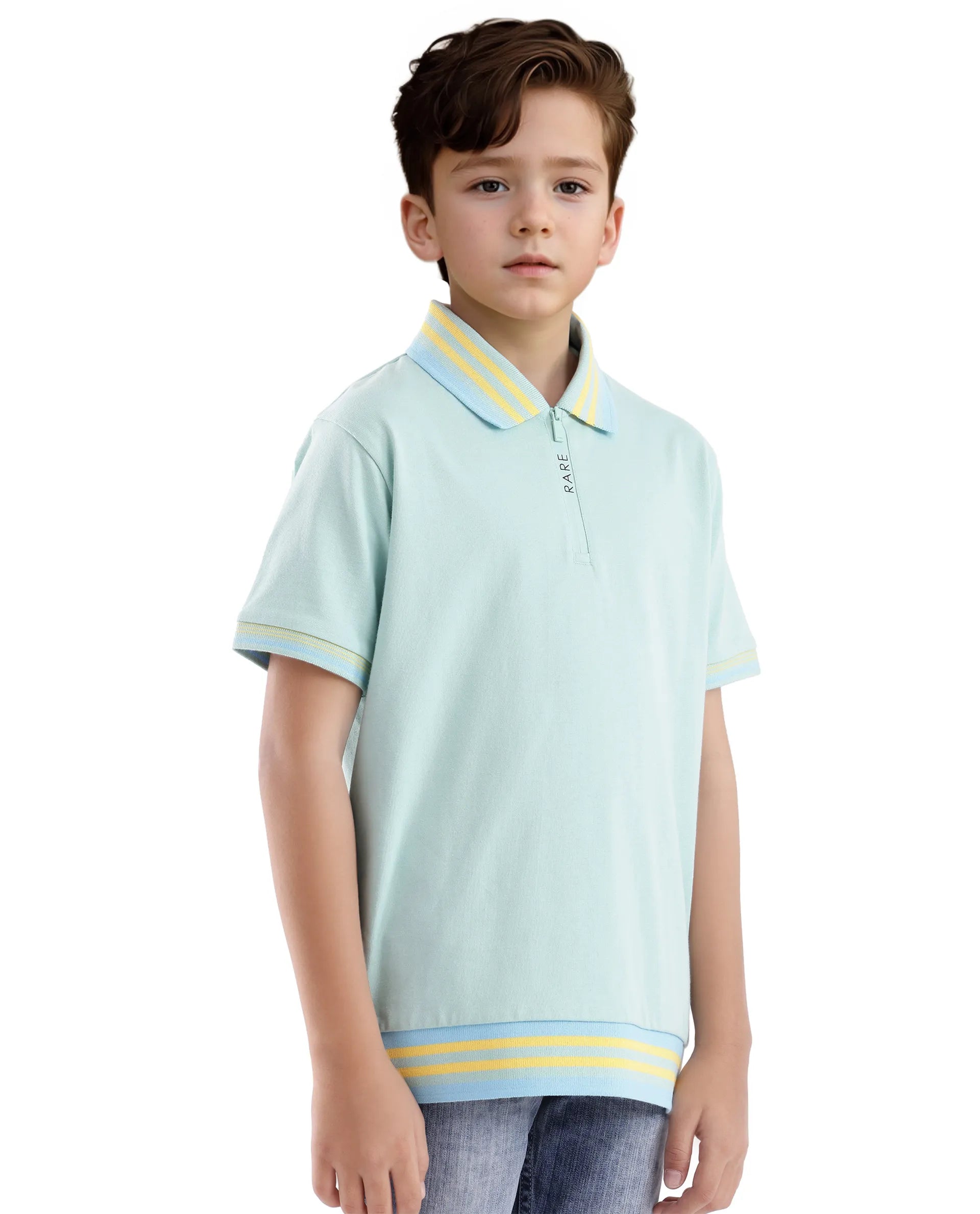 Rare Ones Kids Zyto Pastel Green Cotton Half Sleeves Contrasting Regular Collar Zipper Closure Solid Polo