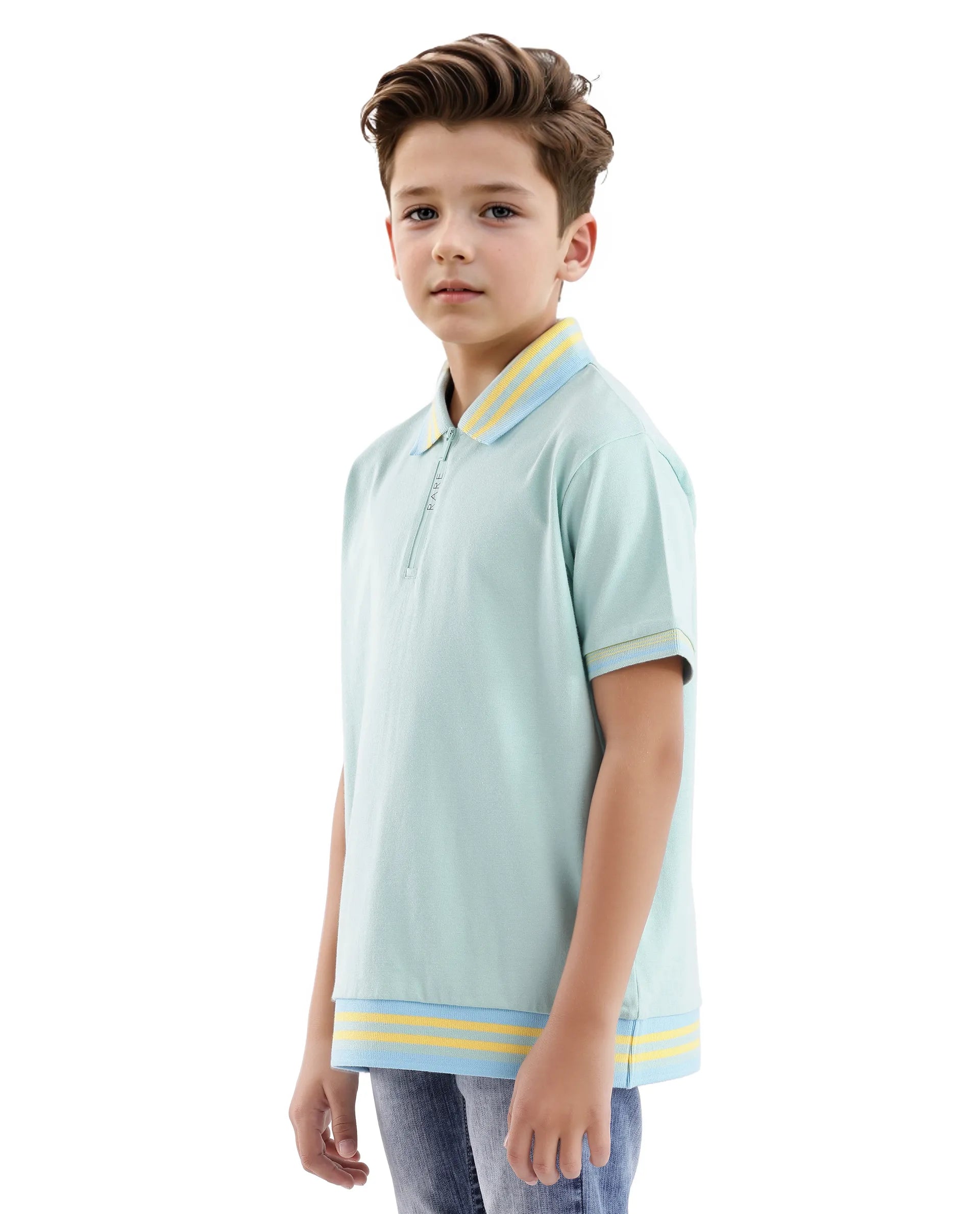 Rare Ones Kids Zyto Pastel Green Cotton Half Sleeves Contrasting Regular Collar Zipper Closure Solid Polo