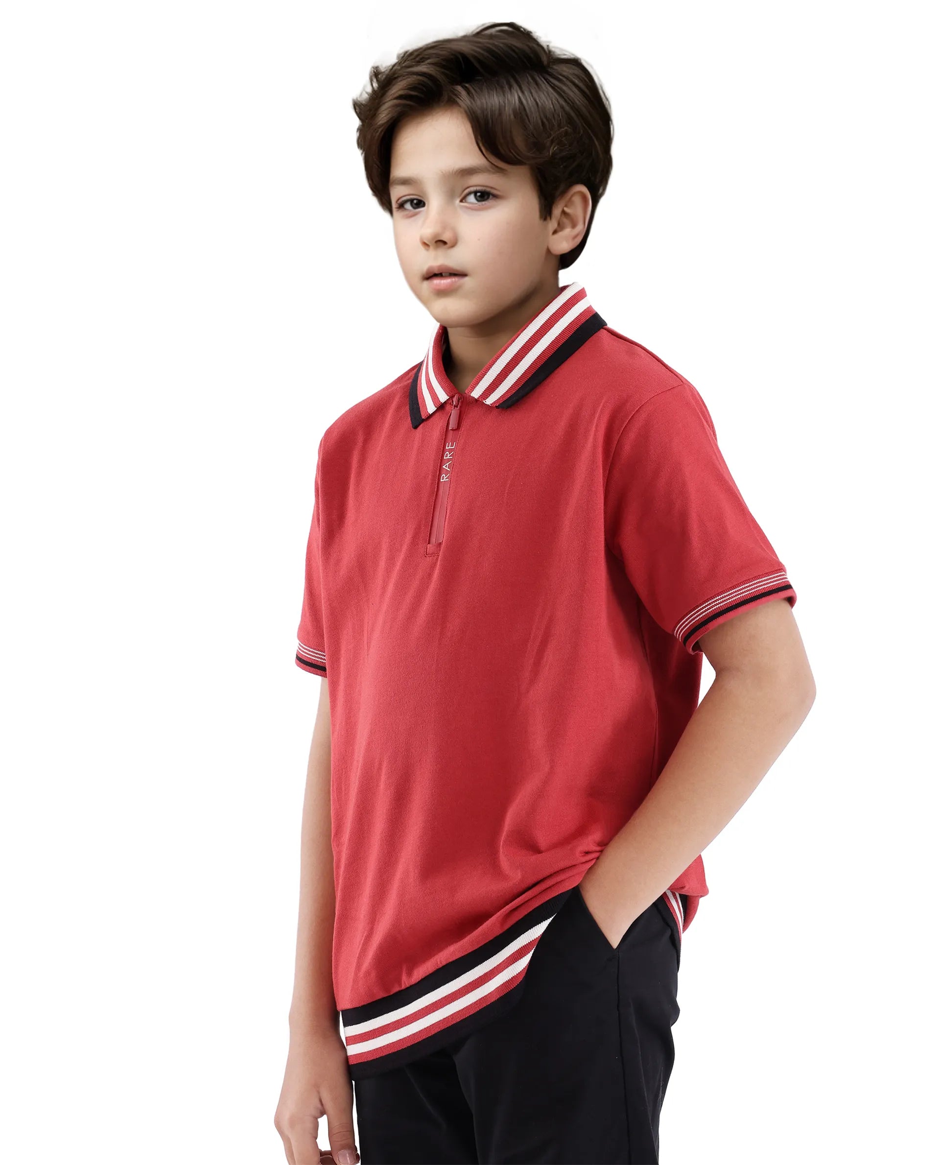 Rare Ones Kids Zyto Red Cotton Half Sleeves Contrasting Regular Collar Zipper Closure Solid Polo