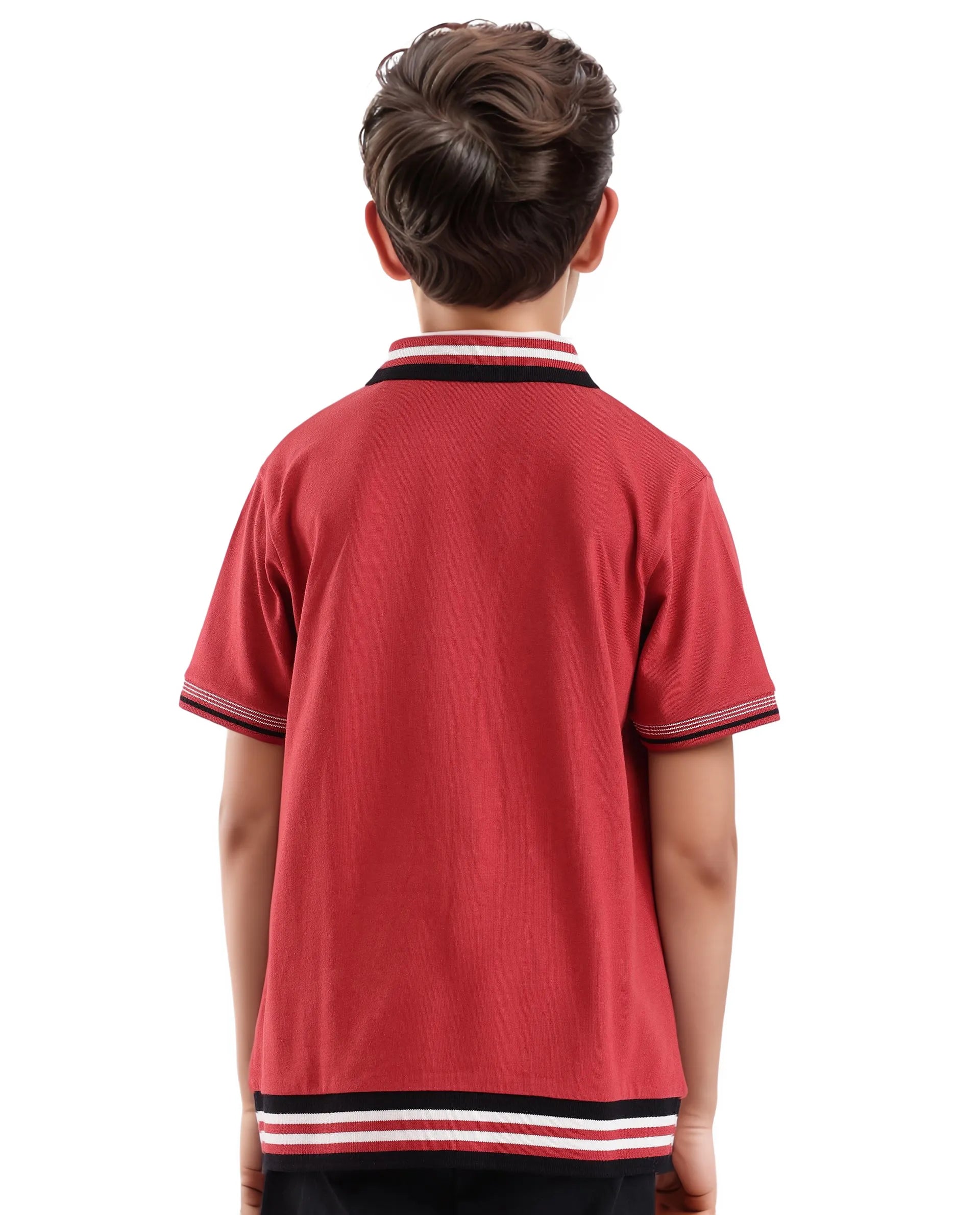 Rare Ones Kids Zyto Red Cotton Half Sleeves Contrasting Regular Collar Zipper Closure Solid Polo