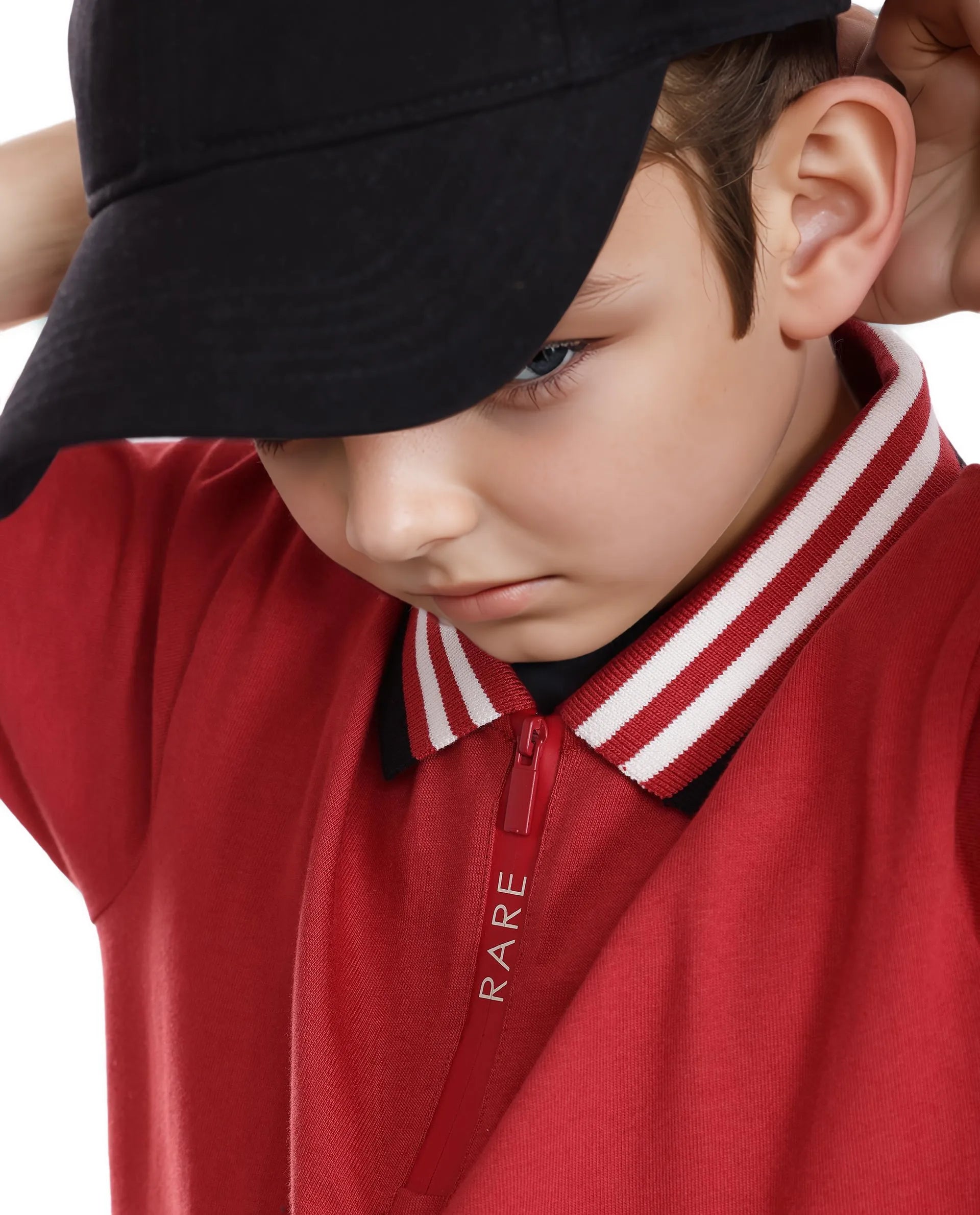 Rare Ones Kids Zyto Red Cotton Half Sleeves Contrasting Regular Collar Zipper Closure Solid Polo