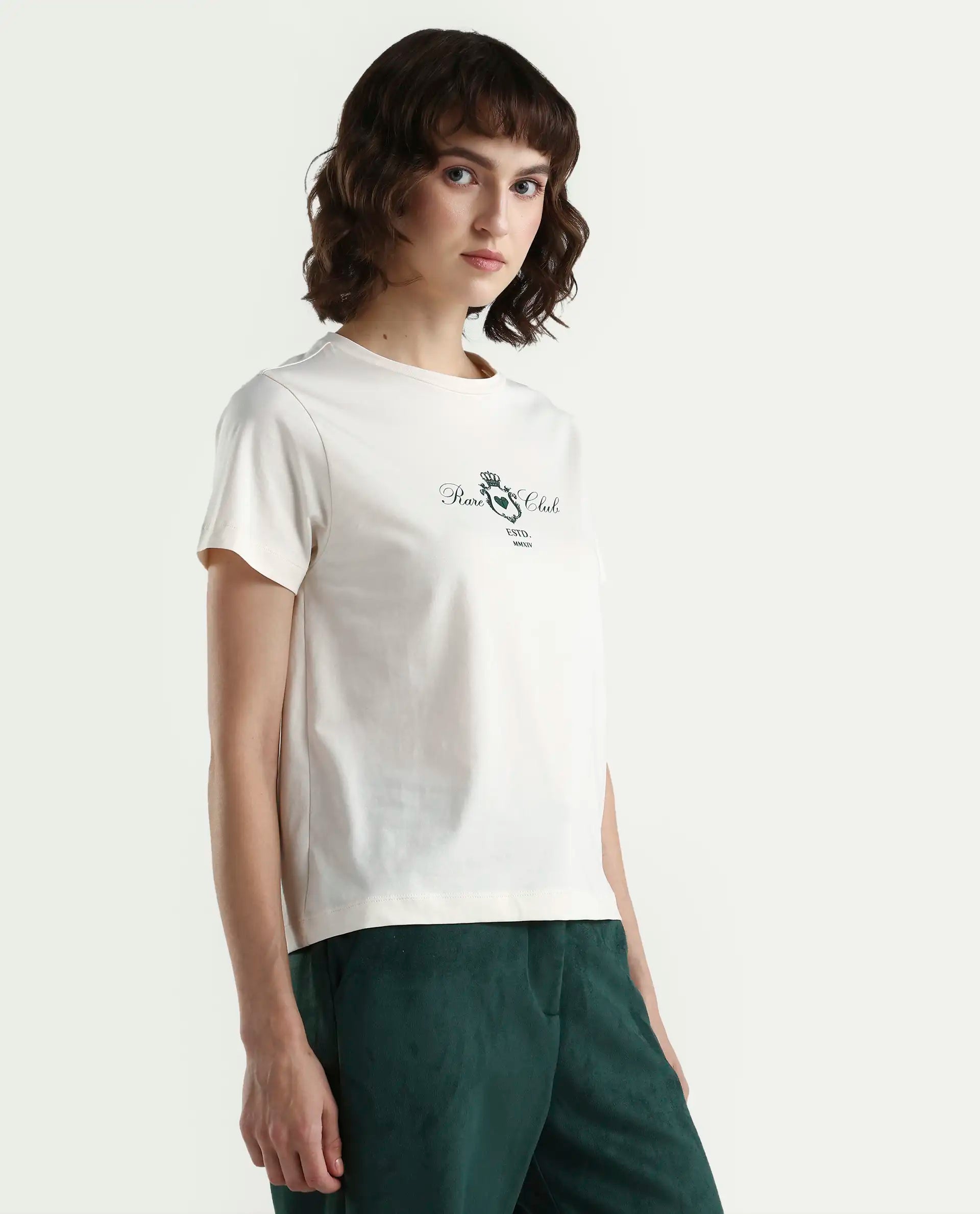 Rareism Women's Zorn Off White Cotton Blend Half Sleeve Regular Fit Plain T-Shirt