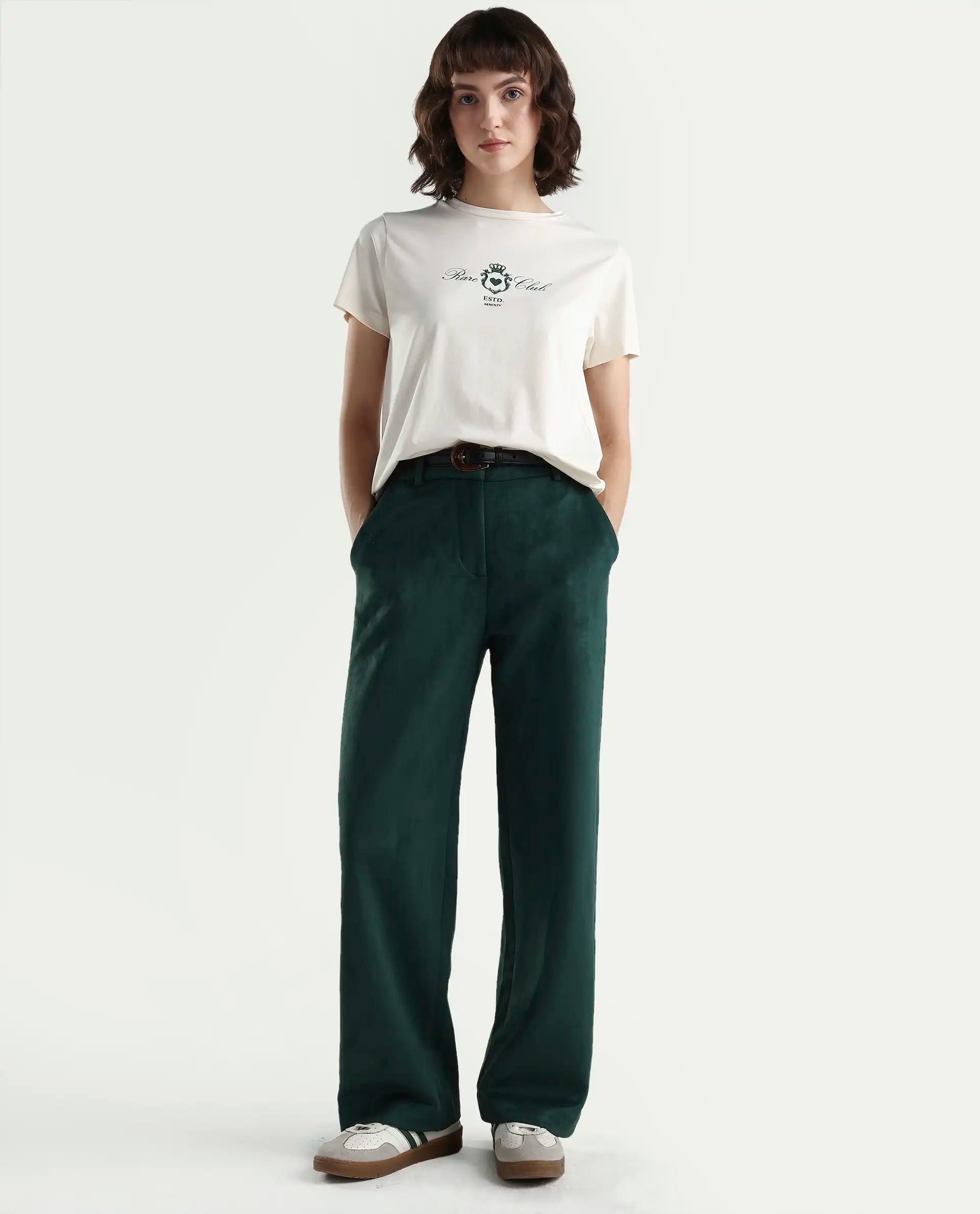 Rareism Women's Zorn Off White Cotton Blend Half Sleeve Regular Fit Plain T-Shirt