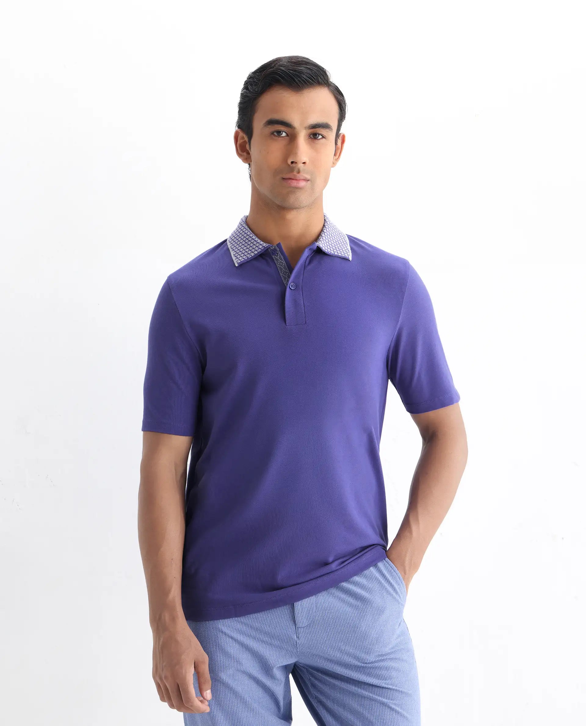 Rare Rabbit Men's Abit Purple Cotton Plain Regular Fit Half Sleeve Polo