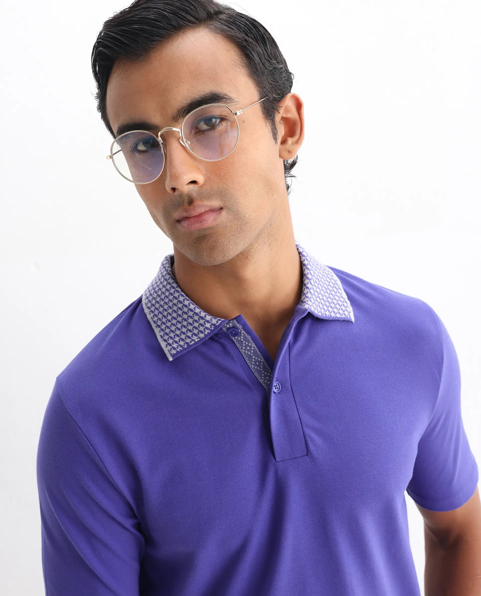 Rare Rabbit Men's Abit Purple Cotton Plain Regular Fit Half Sleeve Polo