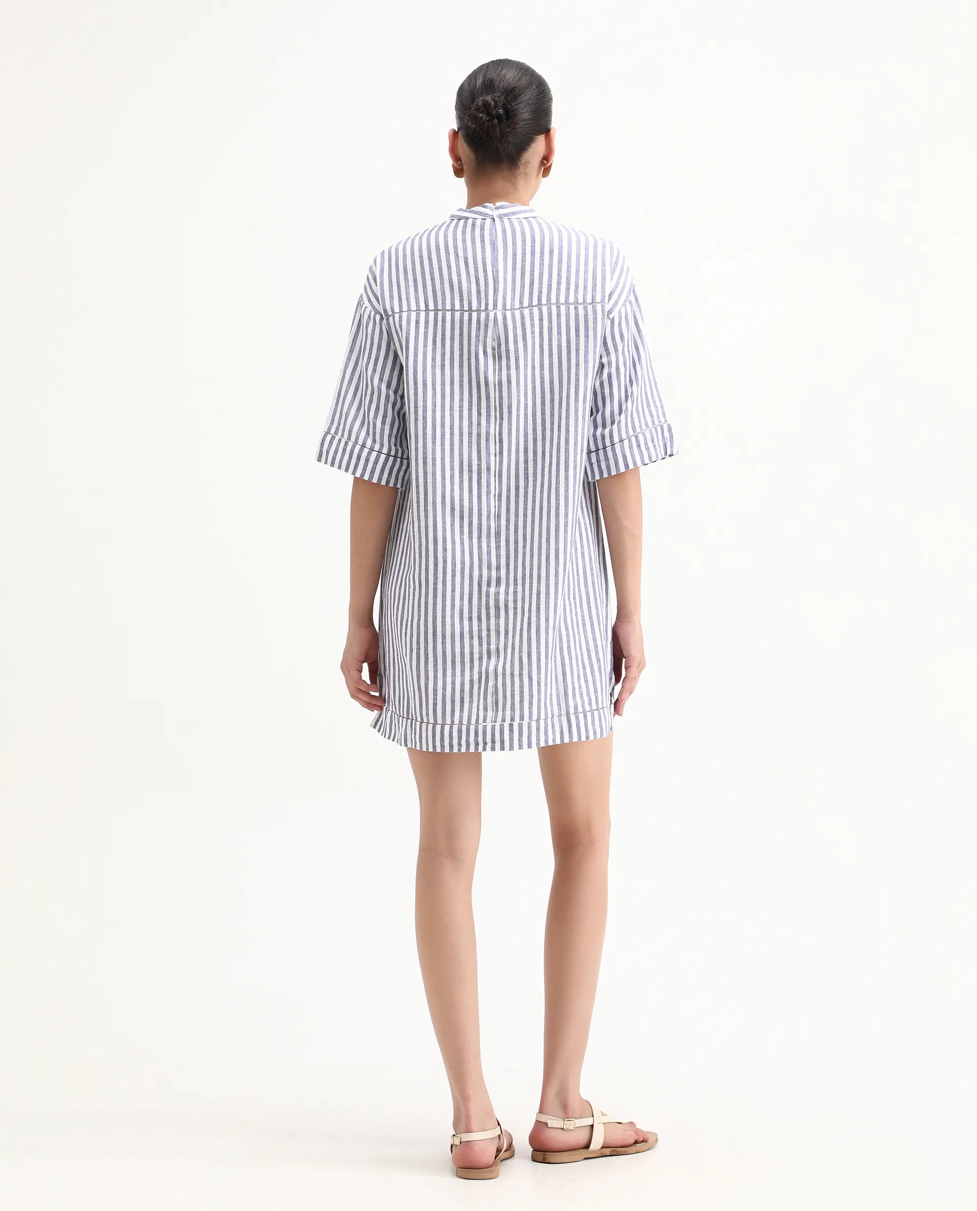 Rareism Women's Abutilon Blue Linen High Neck Striped Mini Relaxed Fit Dress