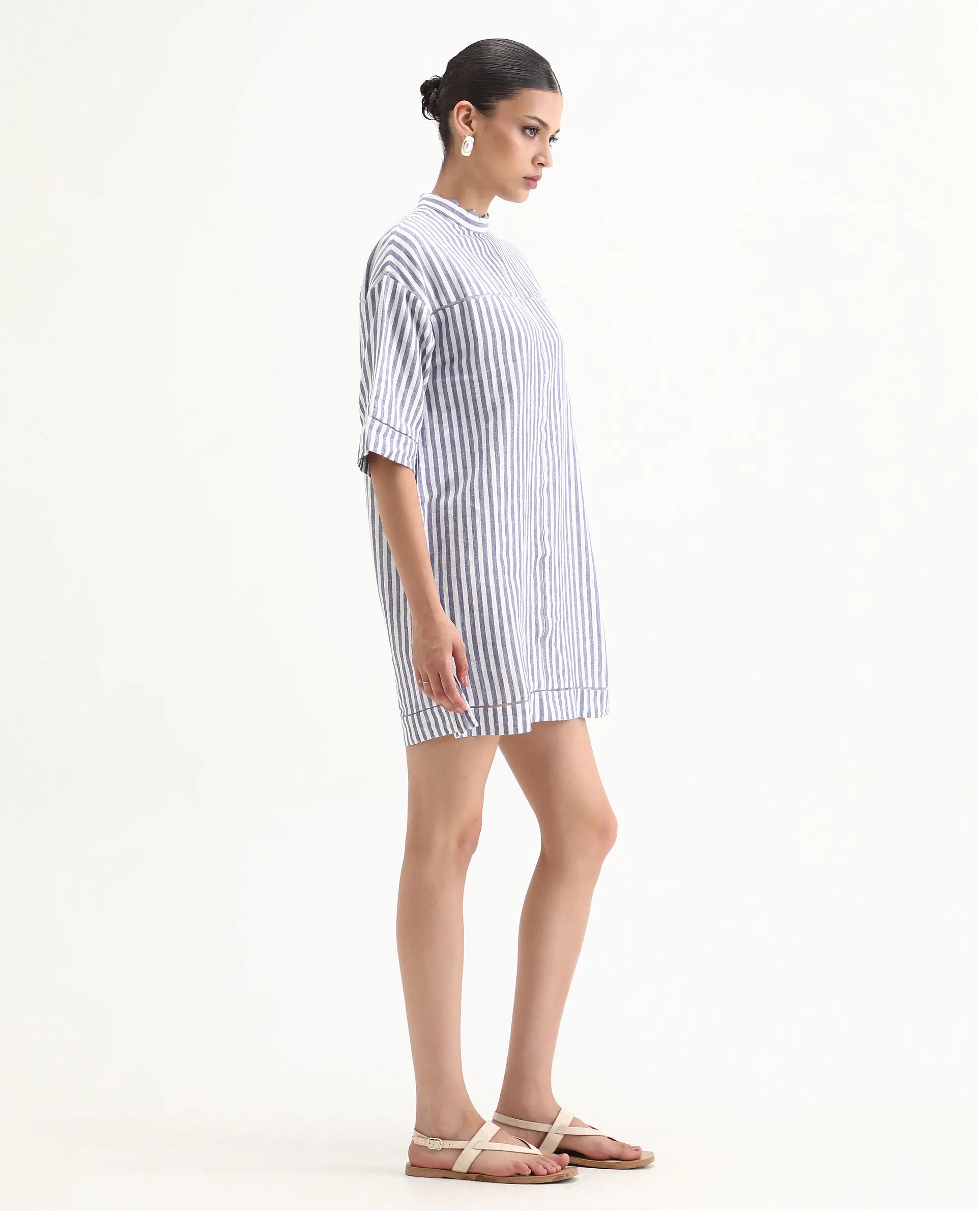 Rareism Women's Abutilon Blue Linen High Neck Striped Mini Relaxed Fit Dress