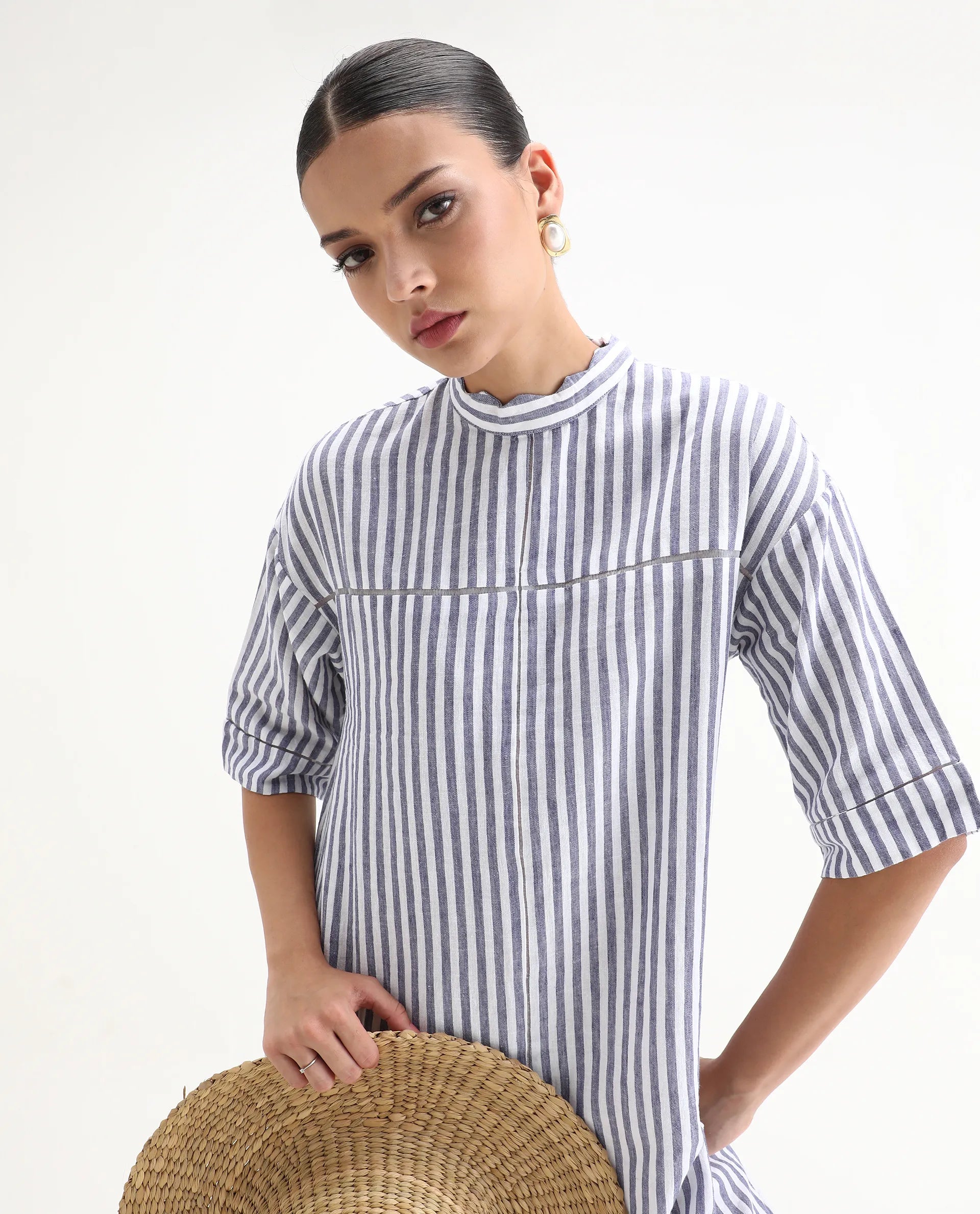 Rareism Women's Abutilon Blue Linen High Neck Striped Mini Relaxed Fit Dress