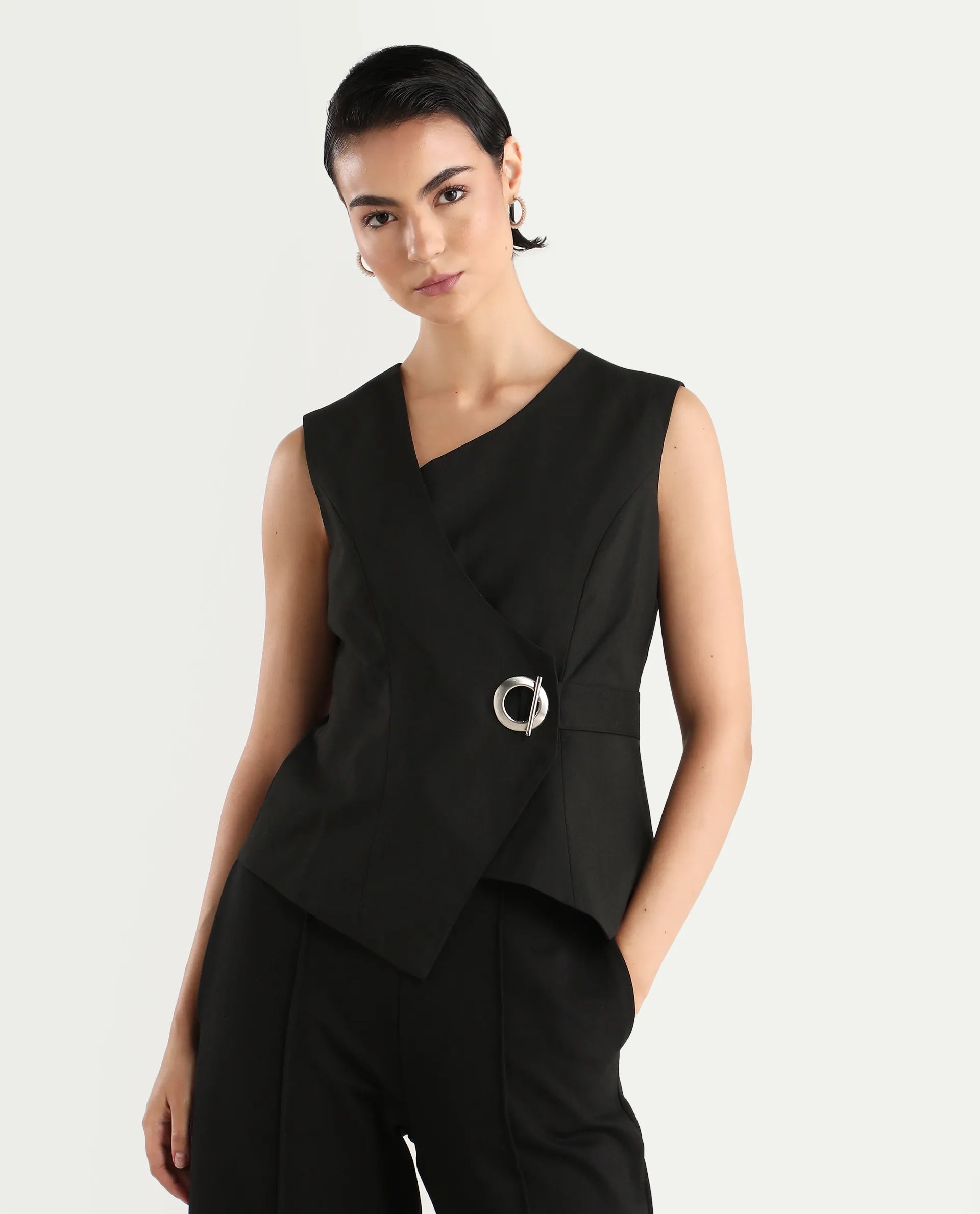 Rareism Women's Achilles Black Cotton Blend Asymmetric Neck Plain Sleeveless Regular Fitted Top