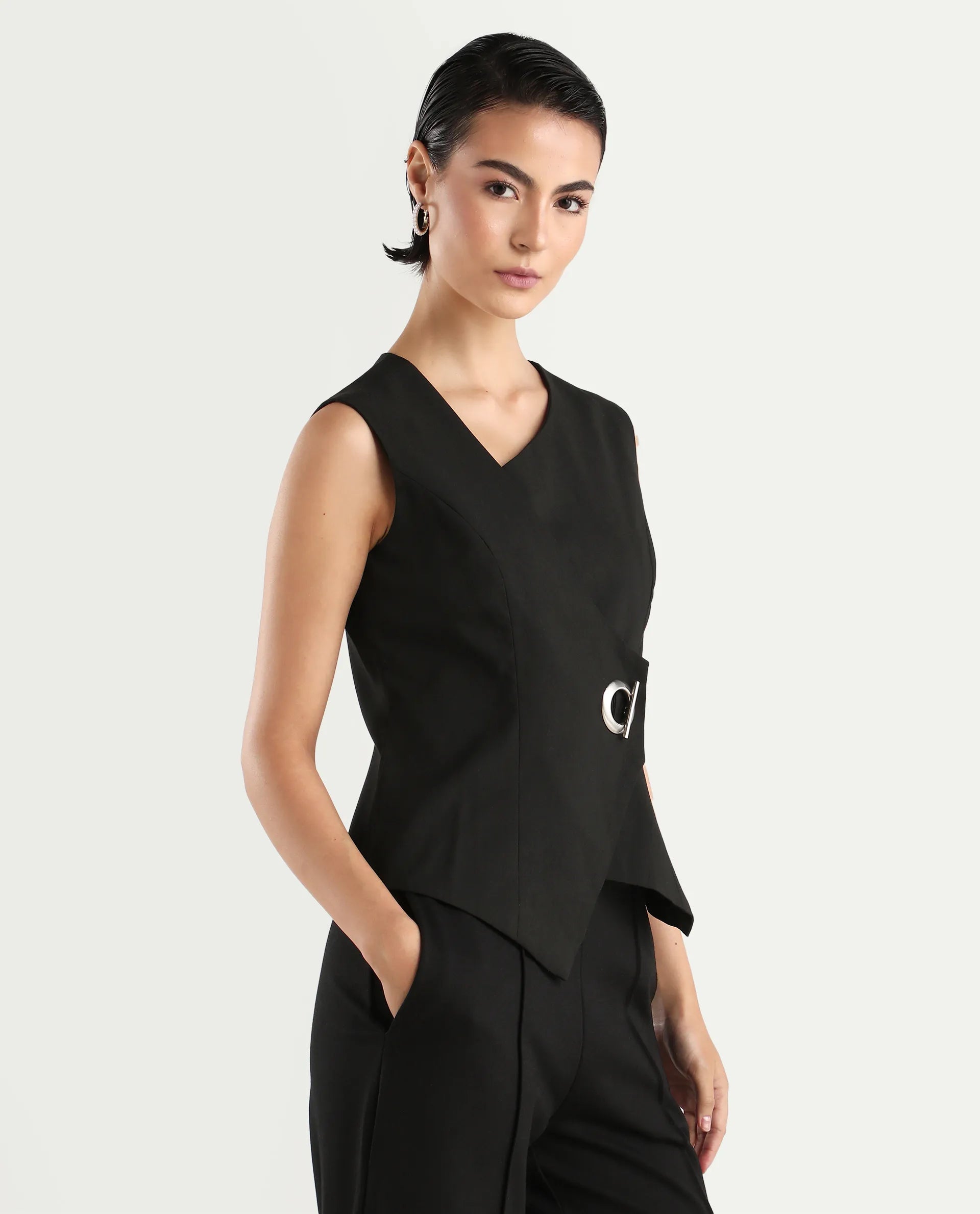 Rareism Women's Achilles Black Cotton Blend Asymmetric Neck Plain Sleeveless Regular Fitted Top