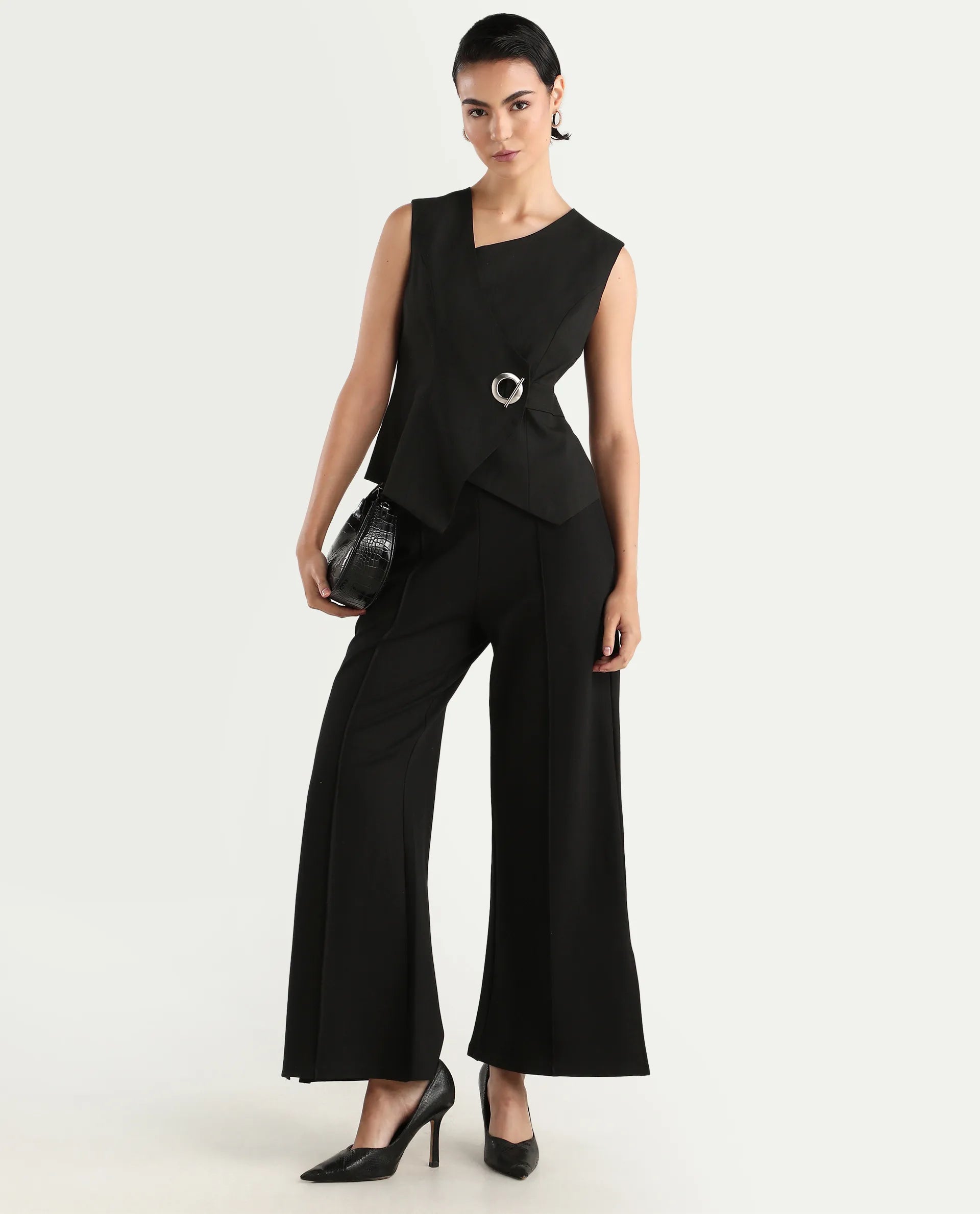 Rareism Women's Achilles Black Cotton Blend Asymmetric Neck Plain Sleeveless Regular Fitted Top