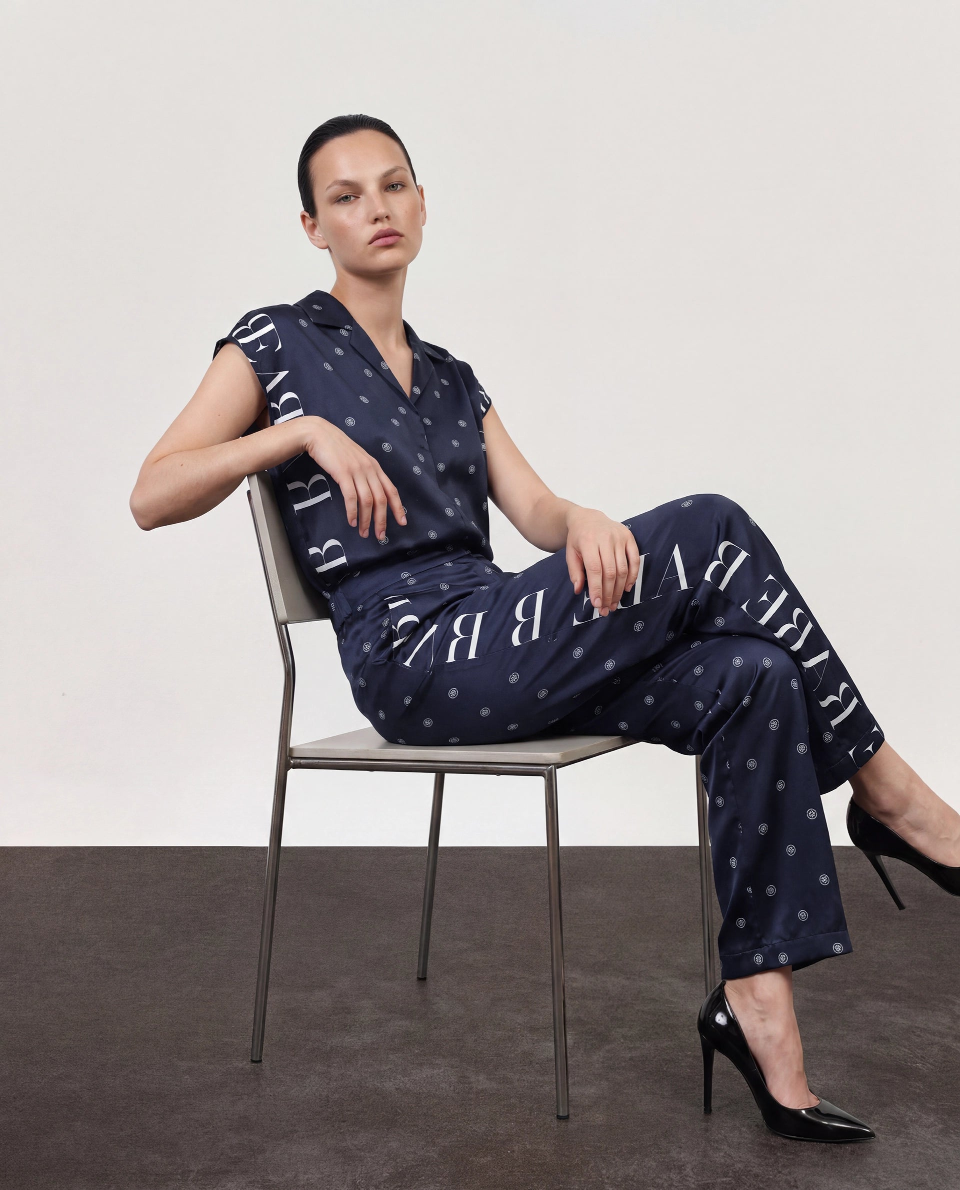 Rareism Women's Adelie Navy Polyester Polka Print Ankle Length Tailored Trouser