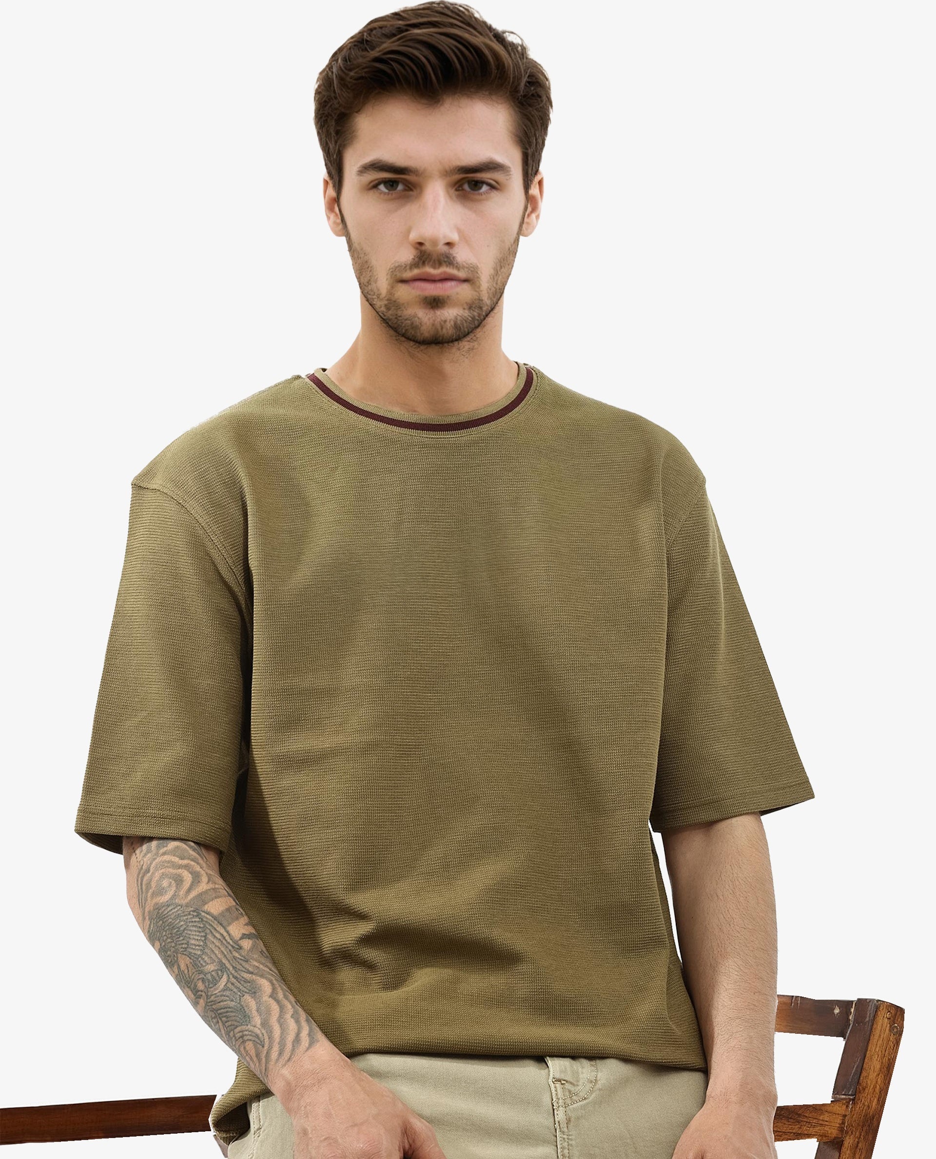 Rare Rabbit Men's Adiso Dusky Mustard Cotton Fabric Half Sleeves Oversized Textured T-Shirt