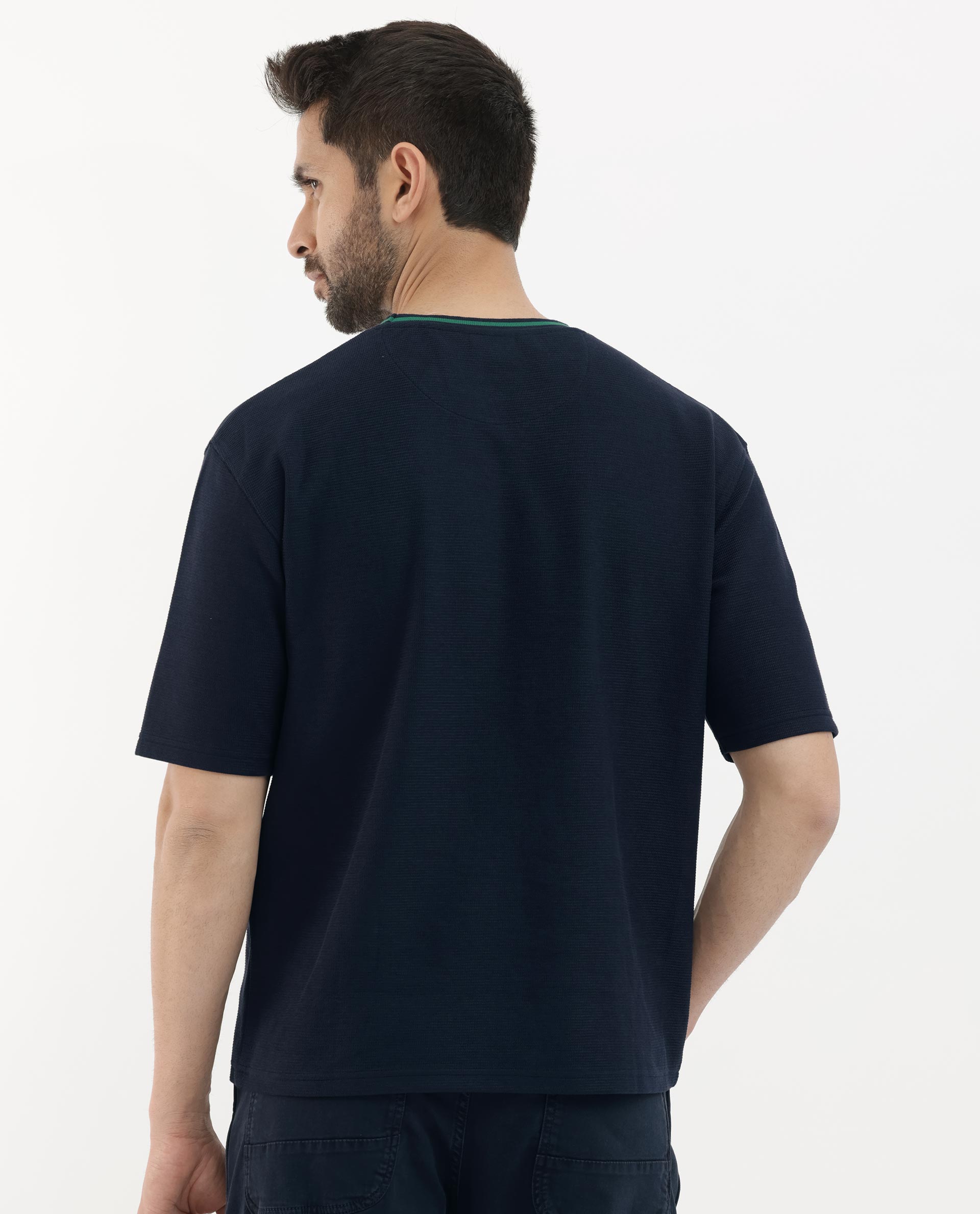 Rare Rabbit Men's Adiso-1 Navy Cotton Blend Fabric Short Sleeve Crew Neck Oversized Fit Plain T-Shirt