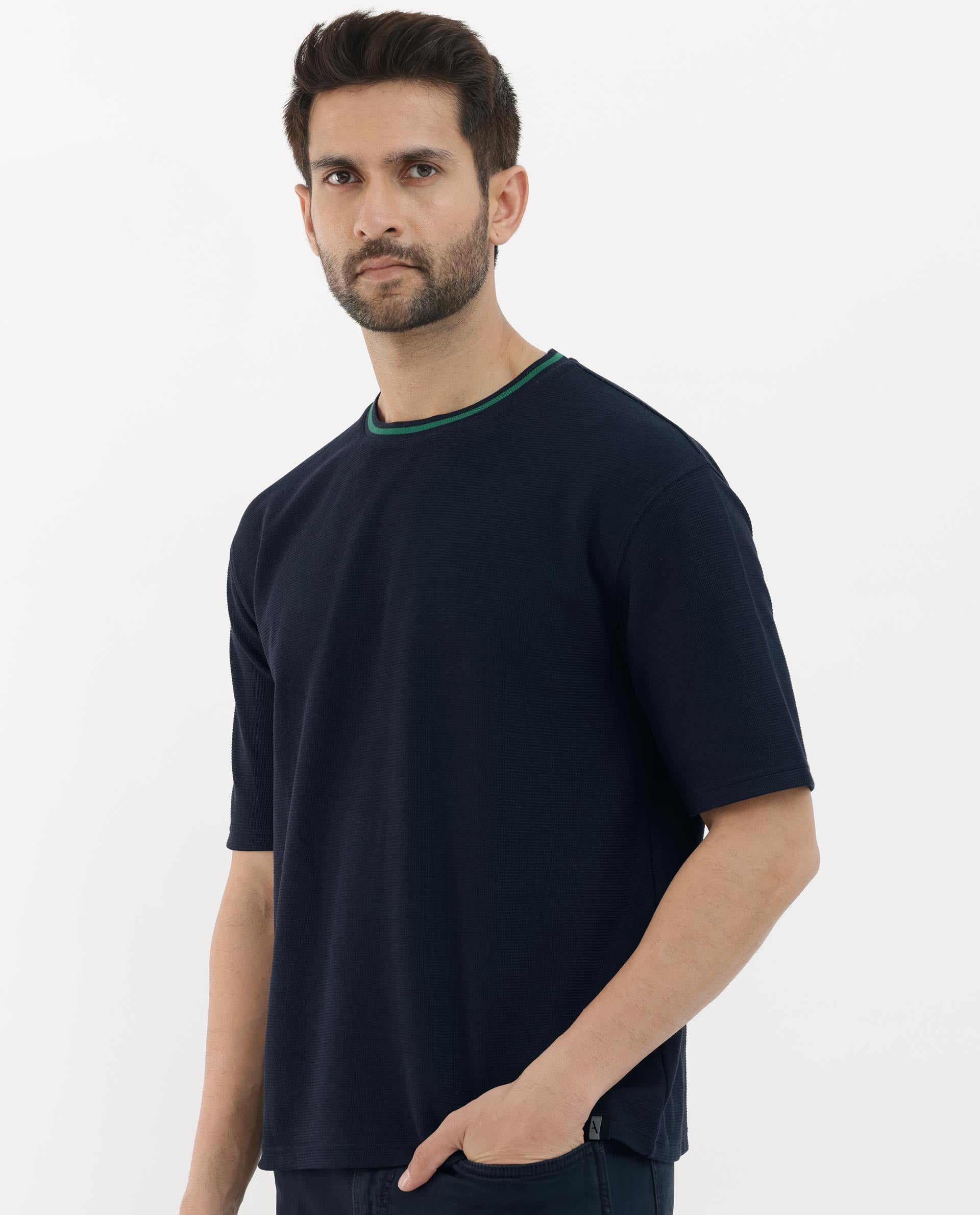 Rare Rabbit Men's Adiso Navy Cotton Fabric Half Sleeves Oversized Textured T-Shirt