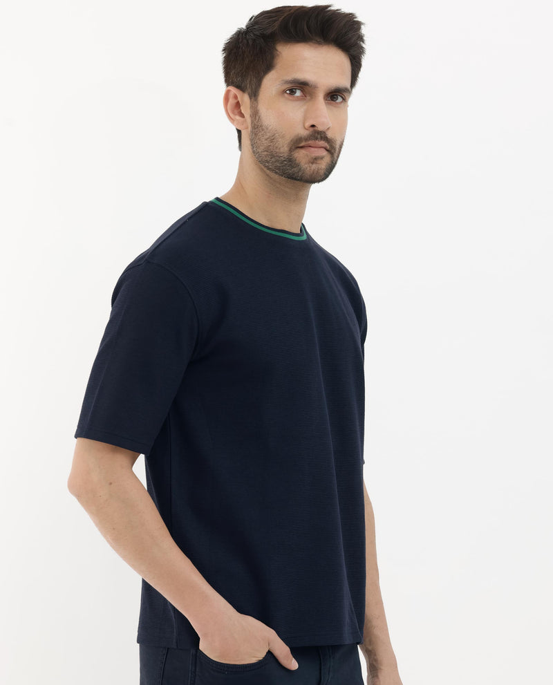 Rare Rabbit Men's Adiso Navy Cotton Fabric Half Sleeves Oversized Textured T-Shirt