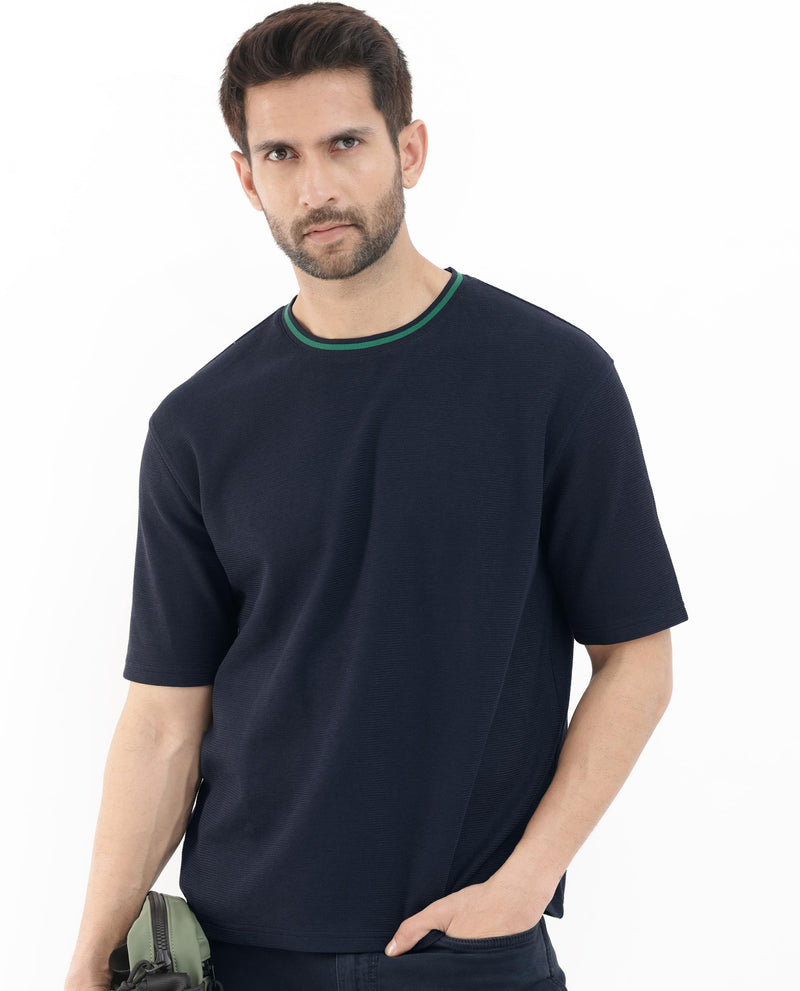 Rare Rabbit Men's Adiso Navy Cotton Fabric Half Sleeves Oversized Textured T-Shirt
